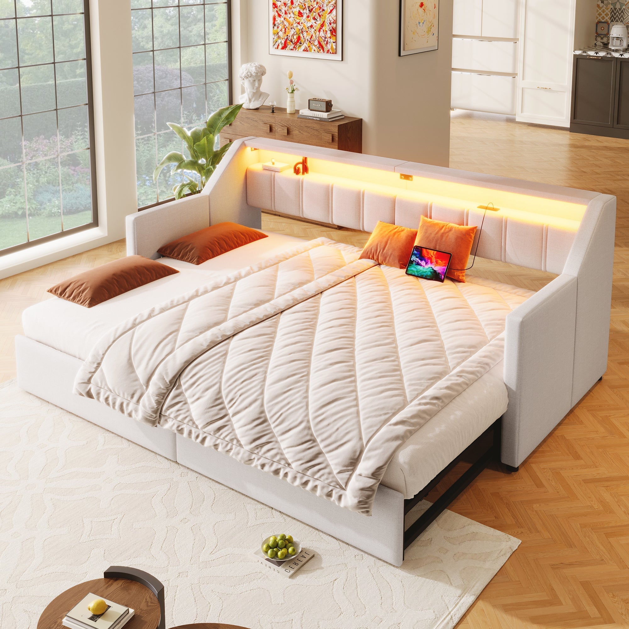 Daybed Sofa Bed 90x200cm Pull-out Bed LED USB/Type-C 2 Drawers Storage - Beige