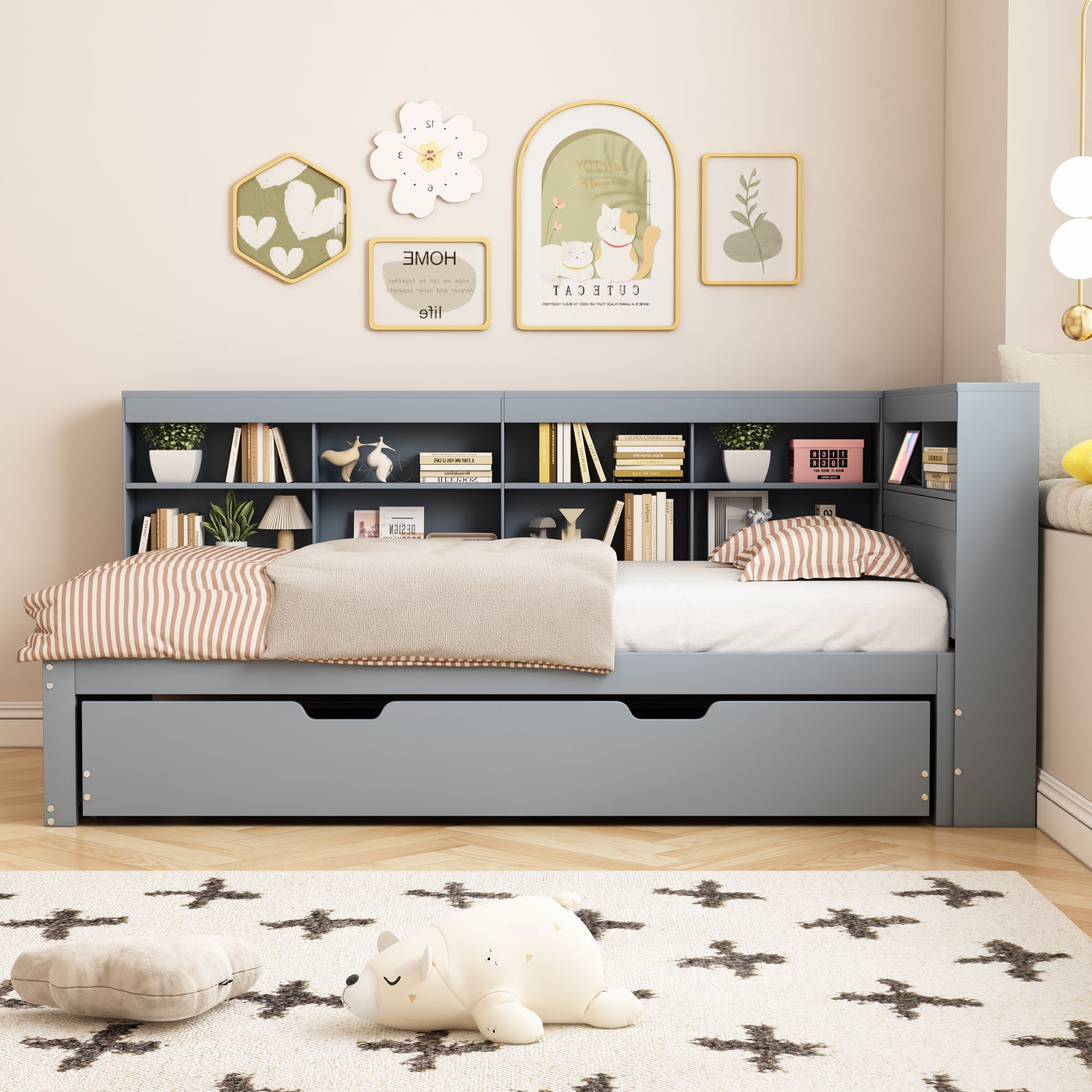 Multifunctional Sofa Bed with Extendable Bed, USB Socket and Storage, Grey Solid Wood