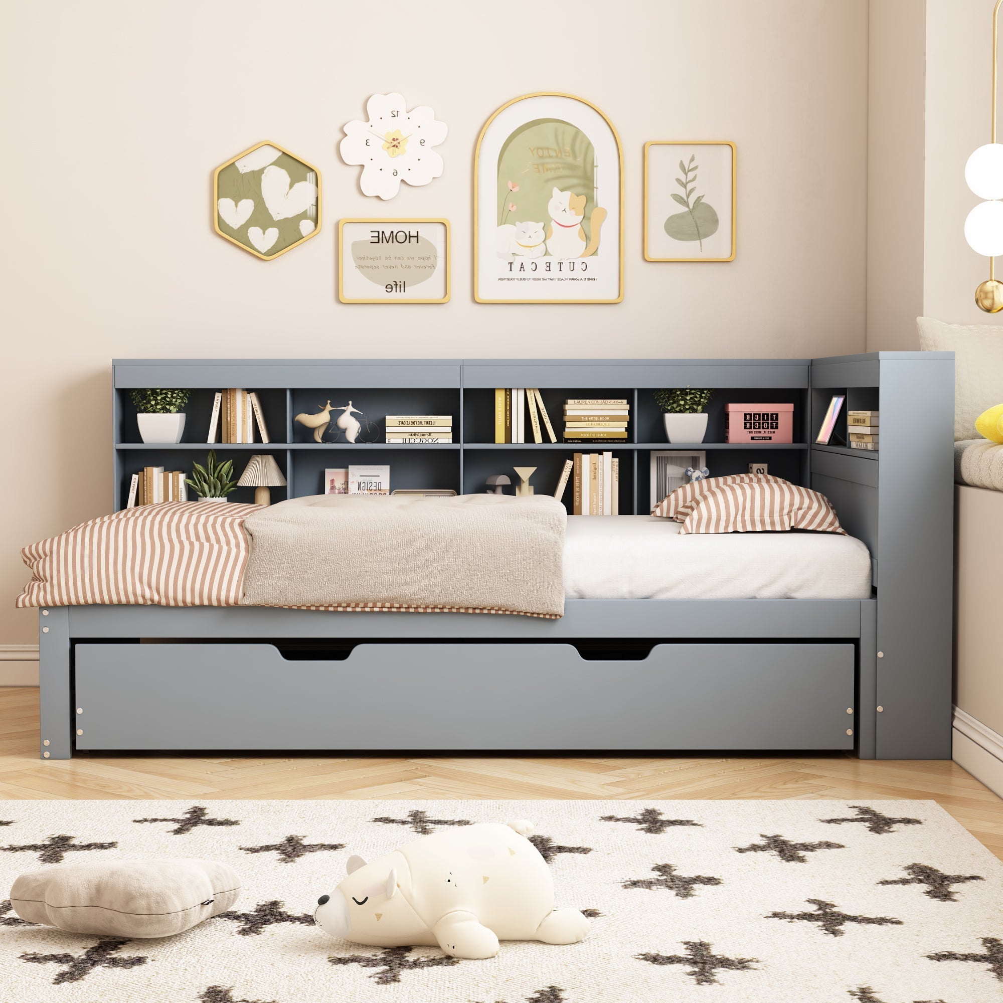 Multifunctional Sofa Bed with Extendable Bed, USB Socket and Storage, Grey Solid Wood