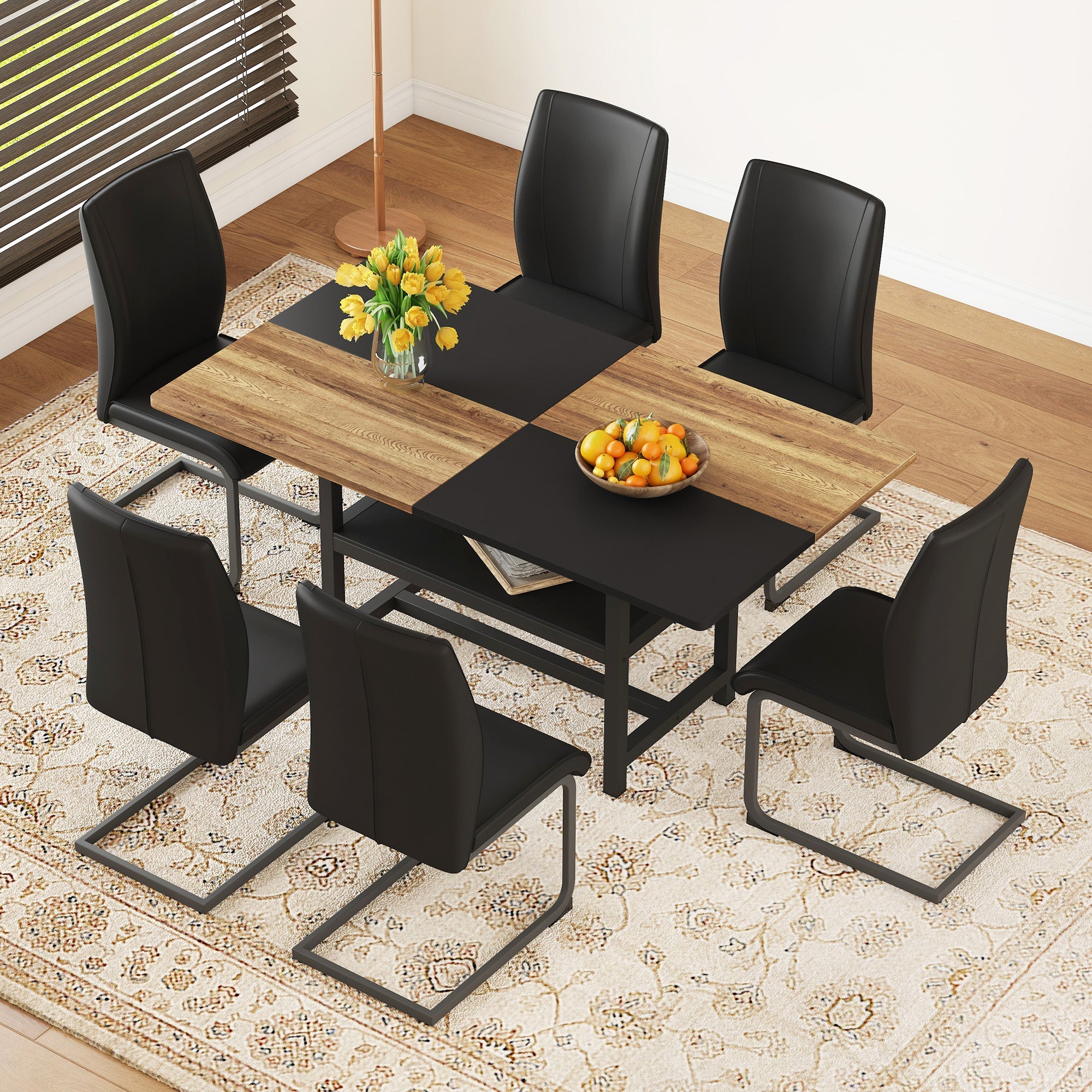 Dining Table Set Rectangular Storage Shelf 6 Armchairs - Faux Leather Black