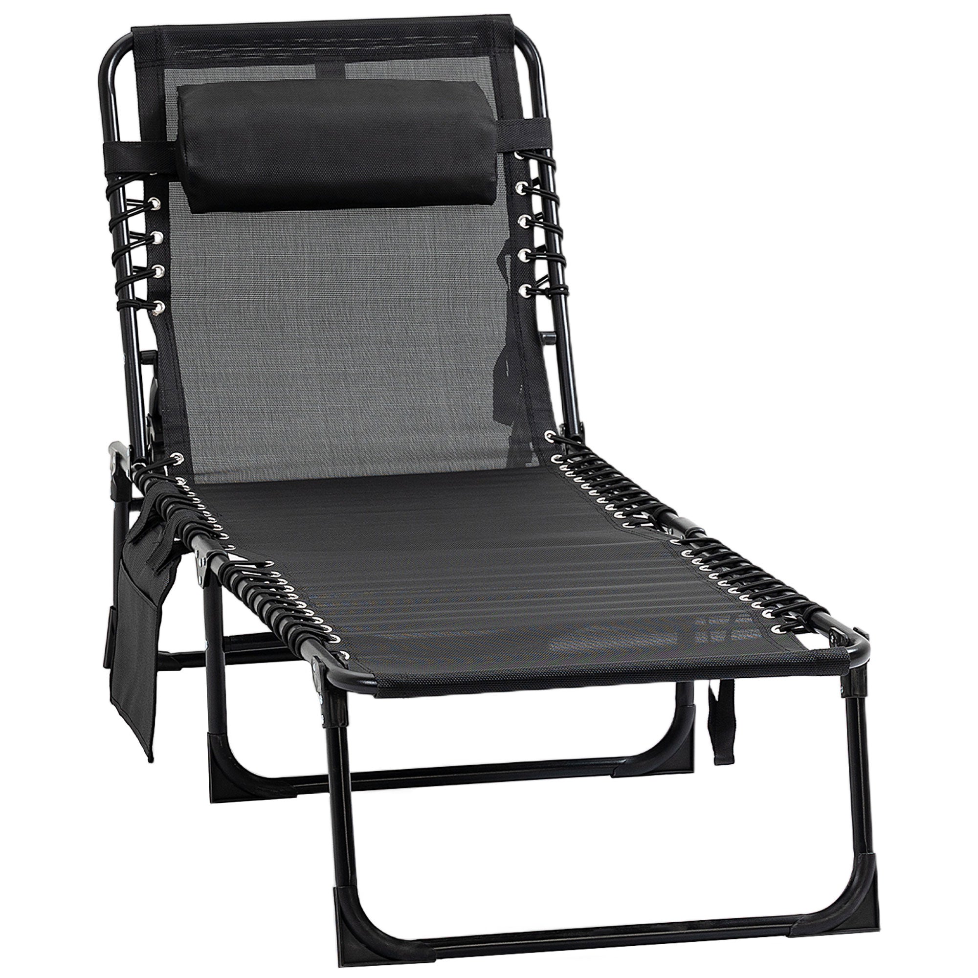 Folding Chaise Loungue Sun Lounger 5 Position Adjustable Backrest Removable Headrest Black Fabric
