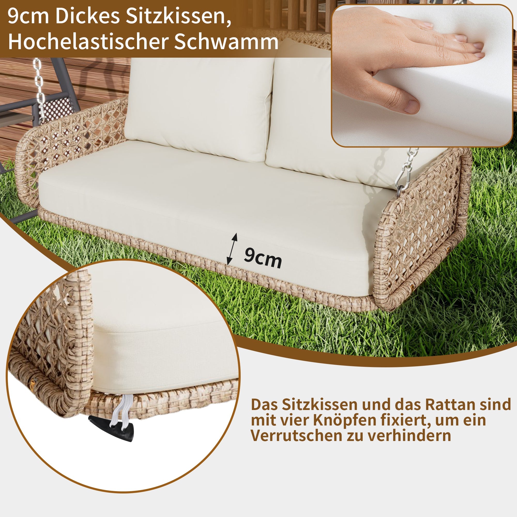 PE Rattan Double Swing Seat with Cushions and Chains, 320kg Capacity, Beige