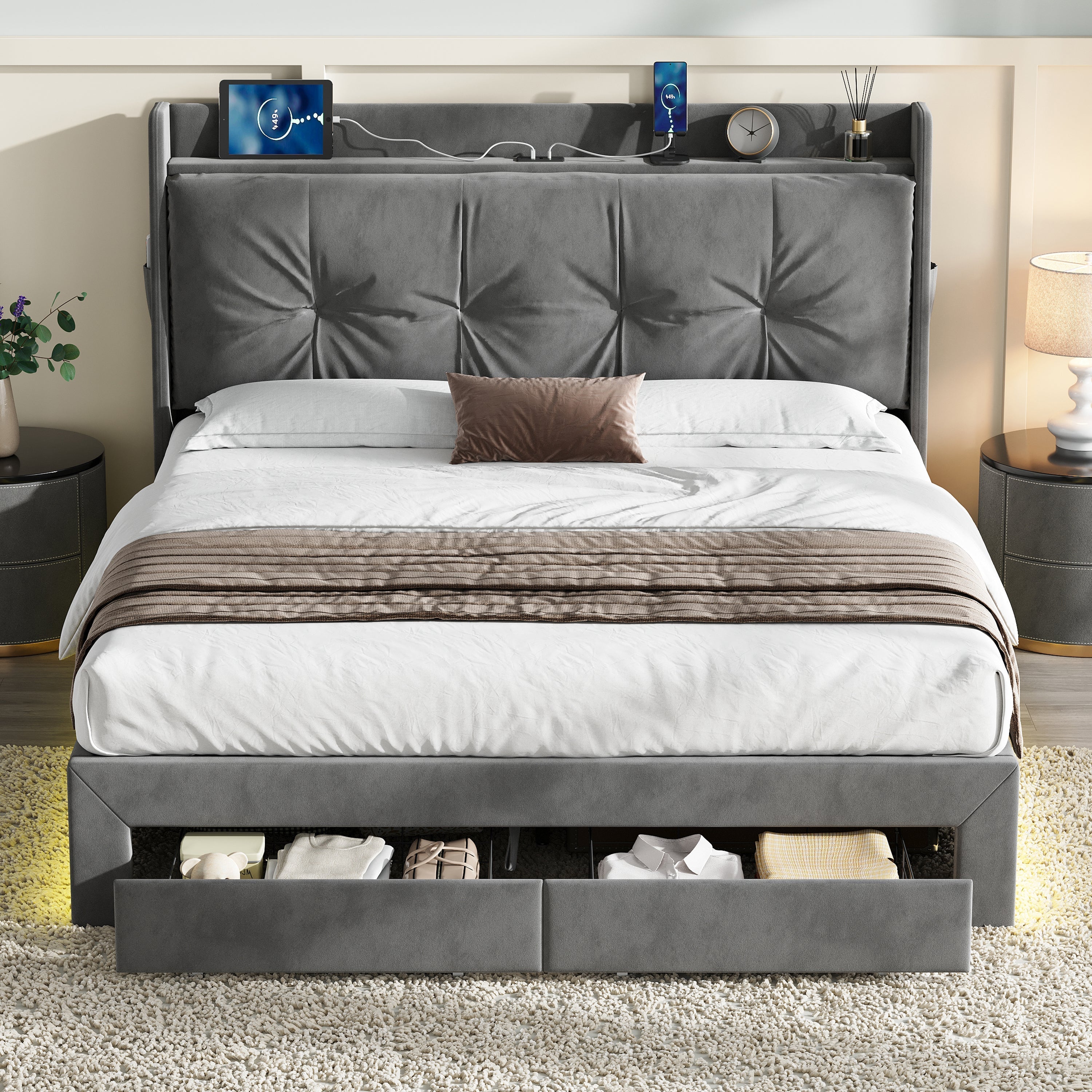 Double Upholstered Bed Frame with Hydraulic Storage, Charging Station, and RGB LED Lighting, Grey Velvet