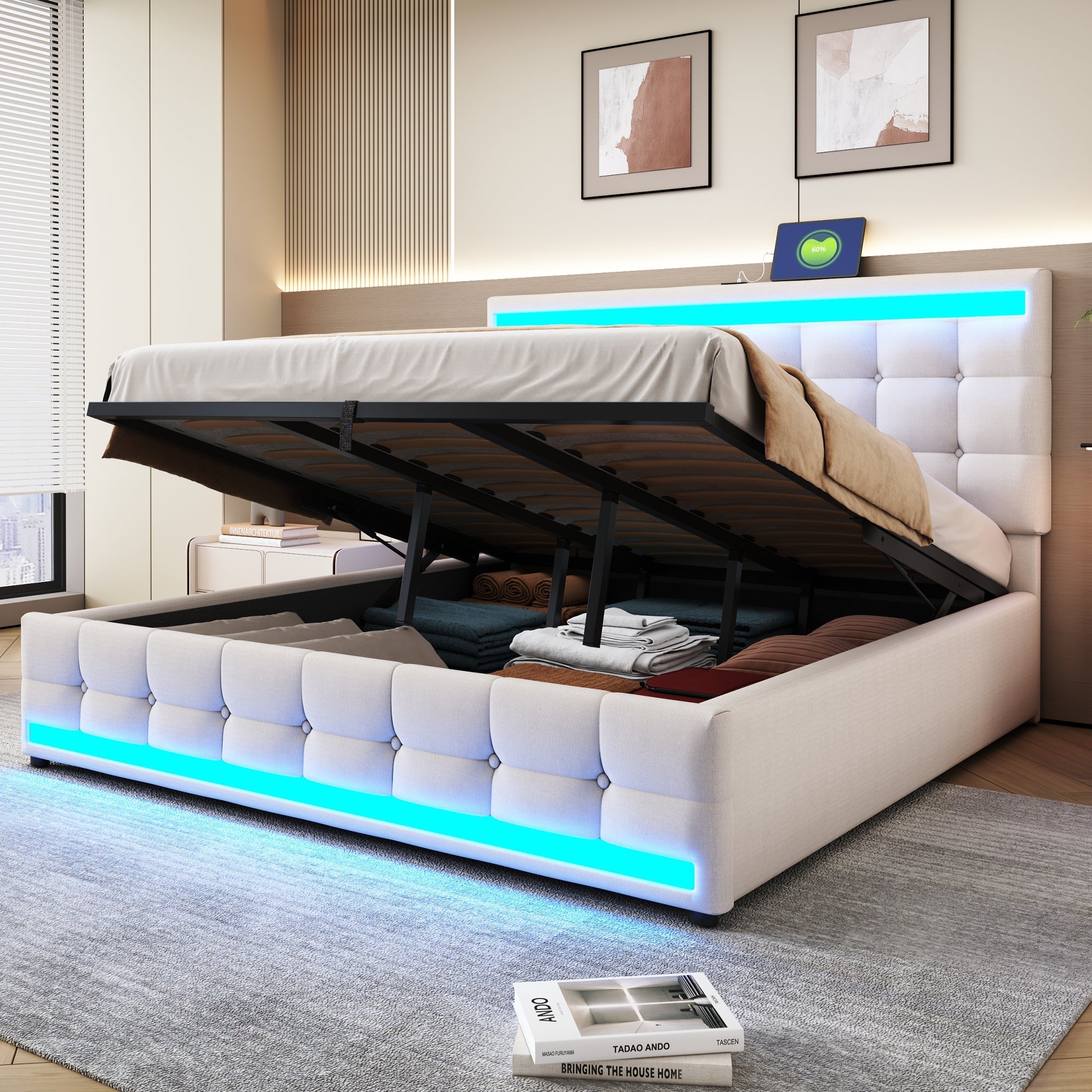 Upholstered Bed, Hydraulic Storage with USB & LED Light Strip, Beige Linen