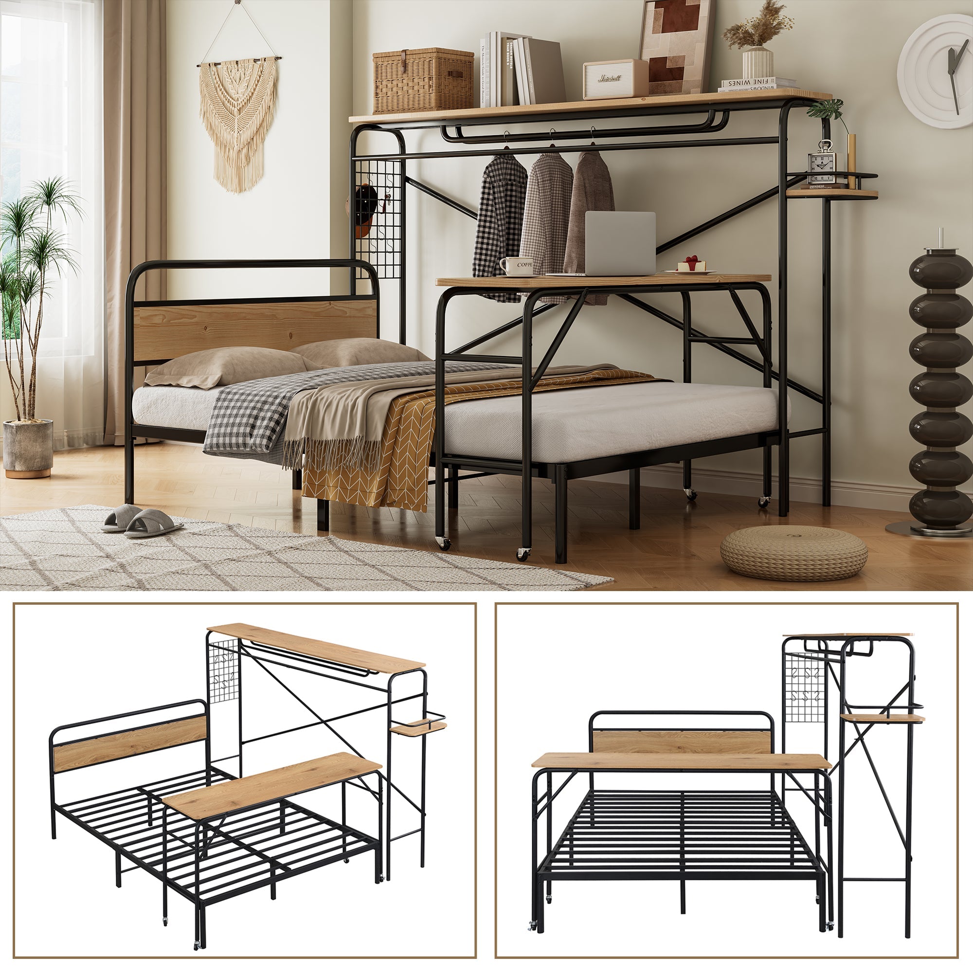 Metal Bed, Flat with Table & Coat Rack, Black & Natural Wood