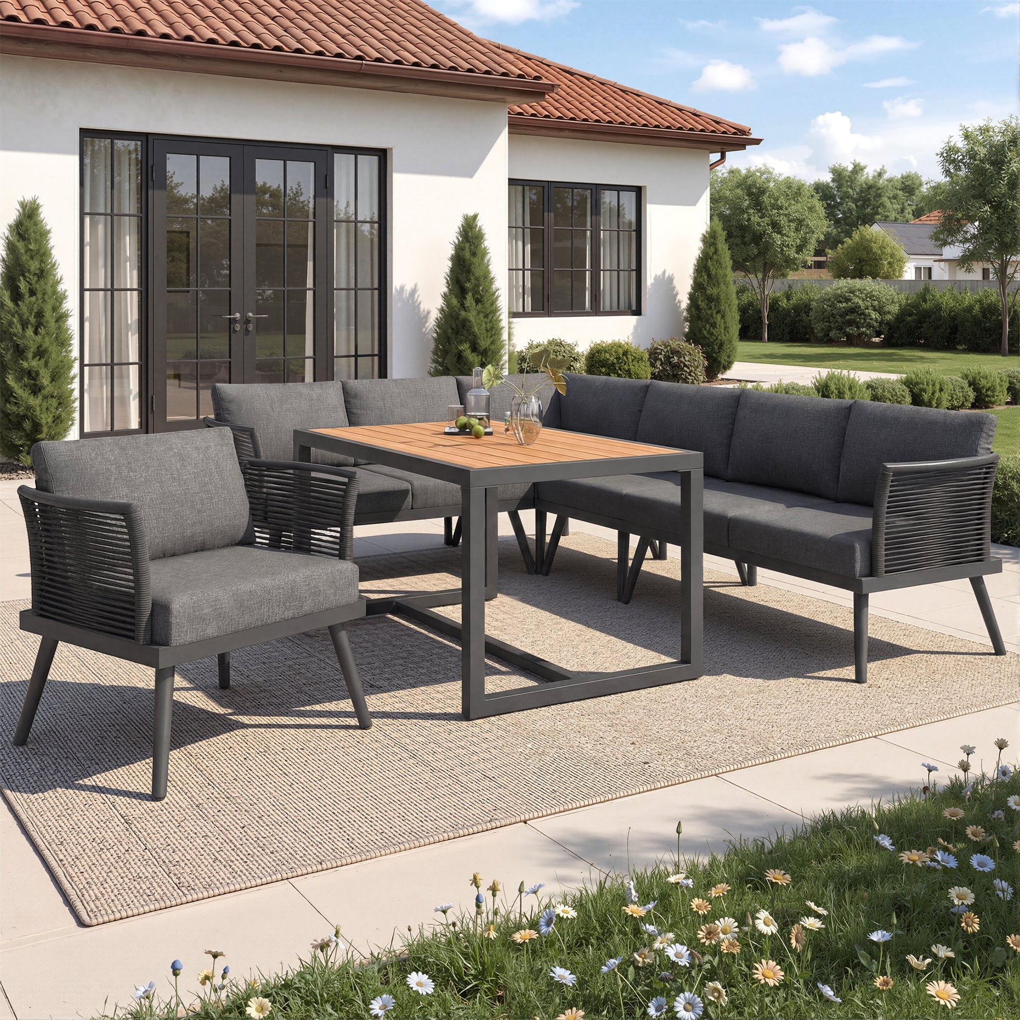 Seven-Seater L-Shaped Garden Sofa Set with Coffee Table and Armchair, Iron and Wood, Grey/Beige