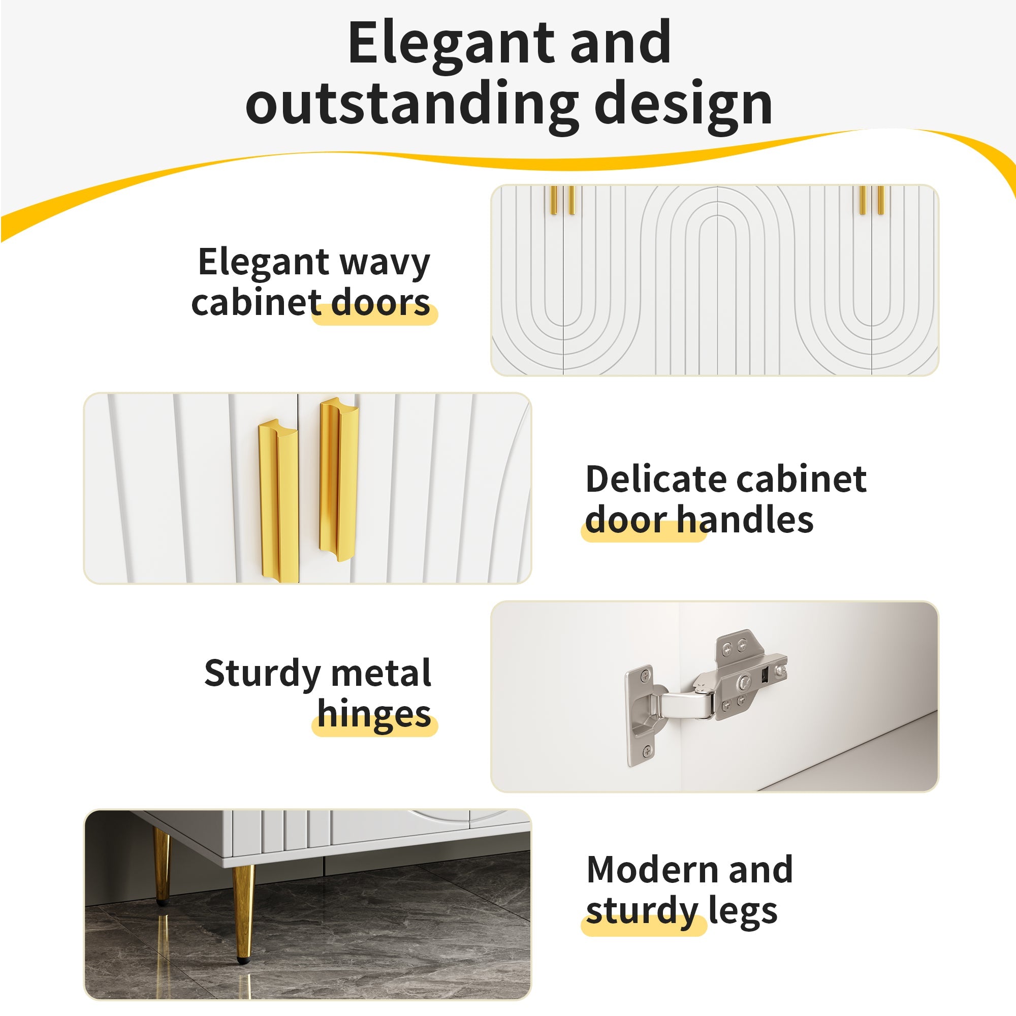 Sideboard, Wave Design with Gold Handles & Feet, White
