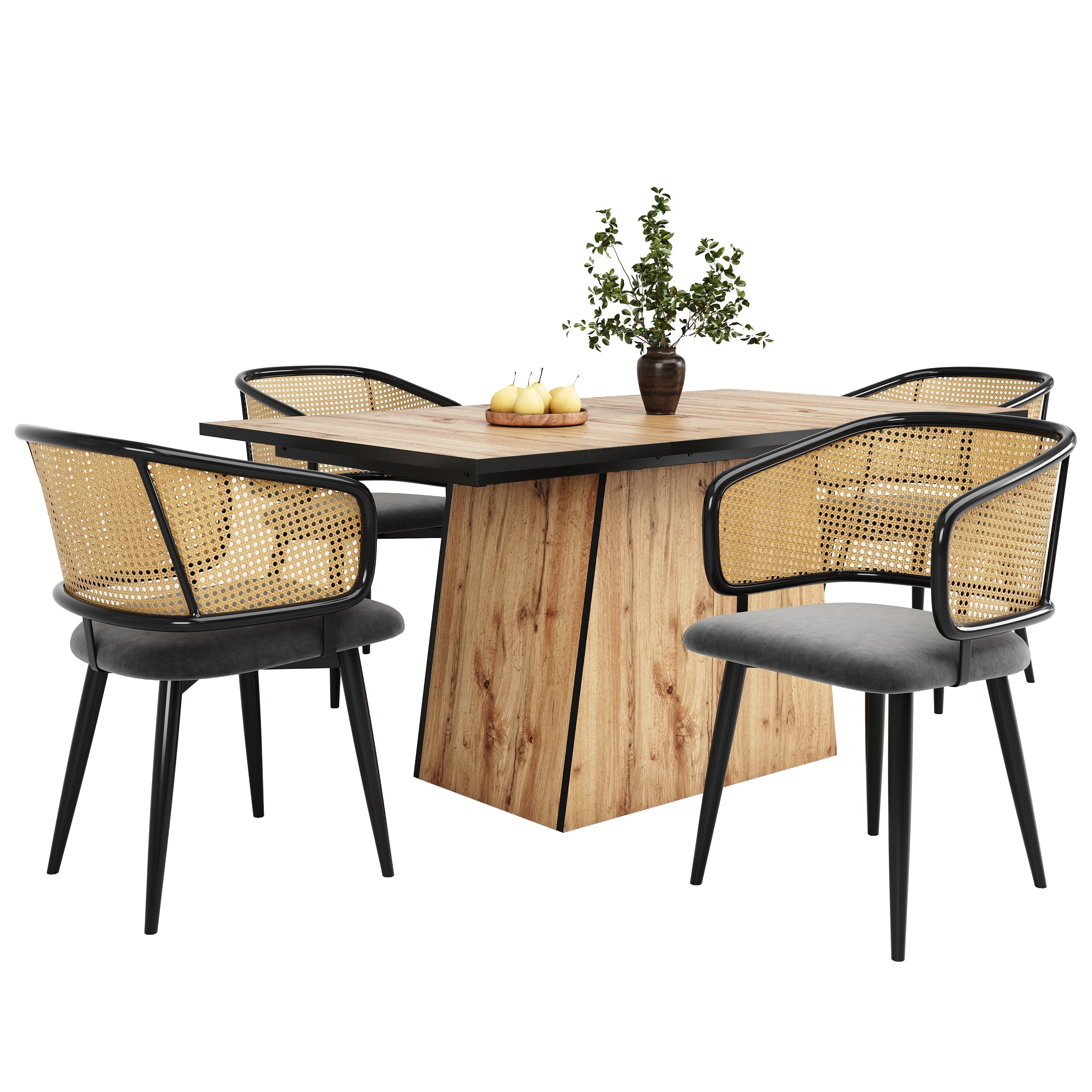 4 Dining Chairs - Rattan Back Velvet Cushion - Modern Style