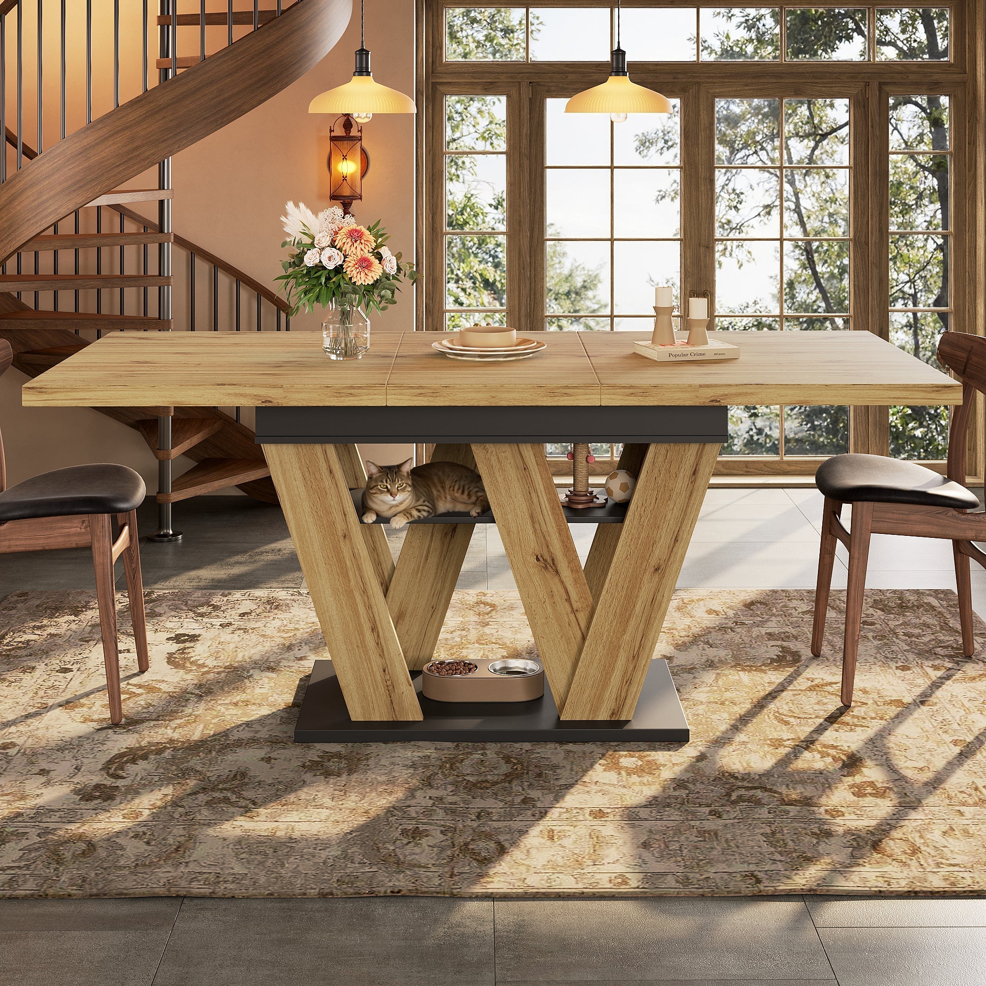 Telescopic Dining Table Extendable 119-158.5x80cm W-Legs - Natural Wood