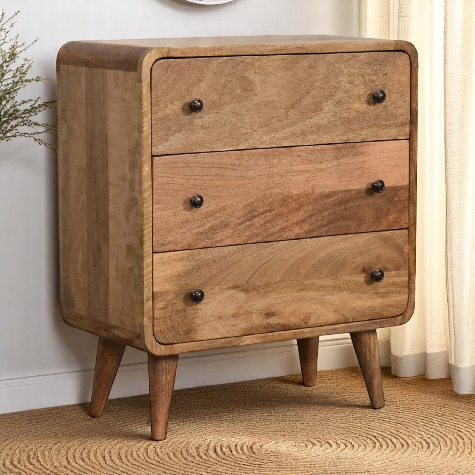 Solid Wood Mini Curved Chest, 3 Drawers, Oak-ish