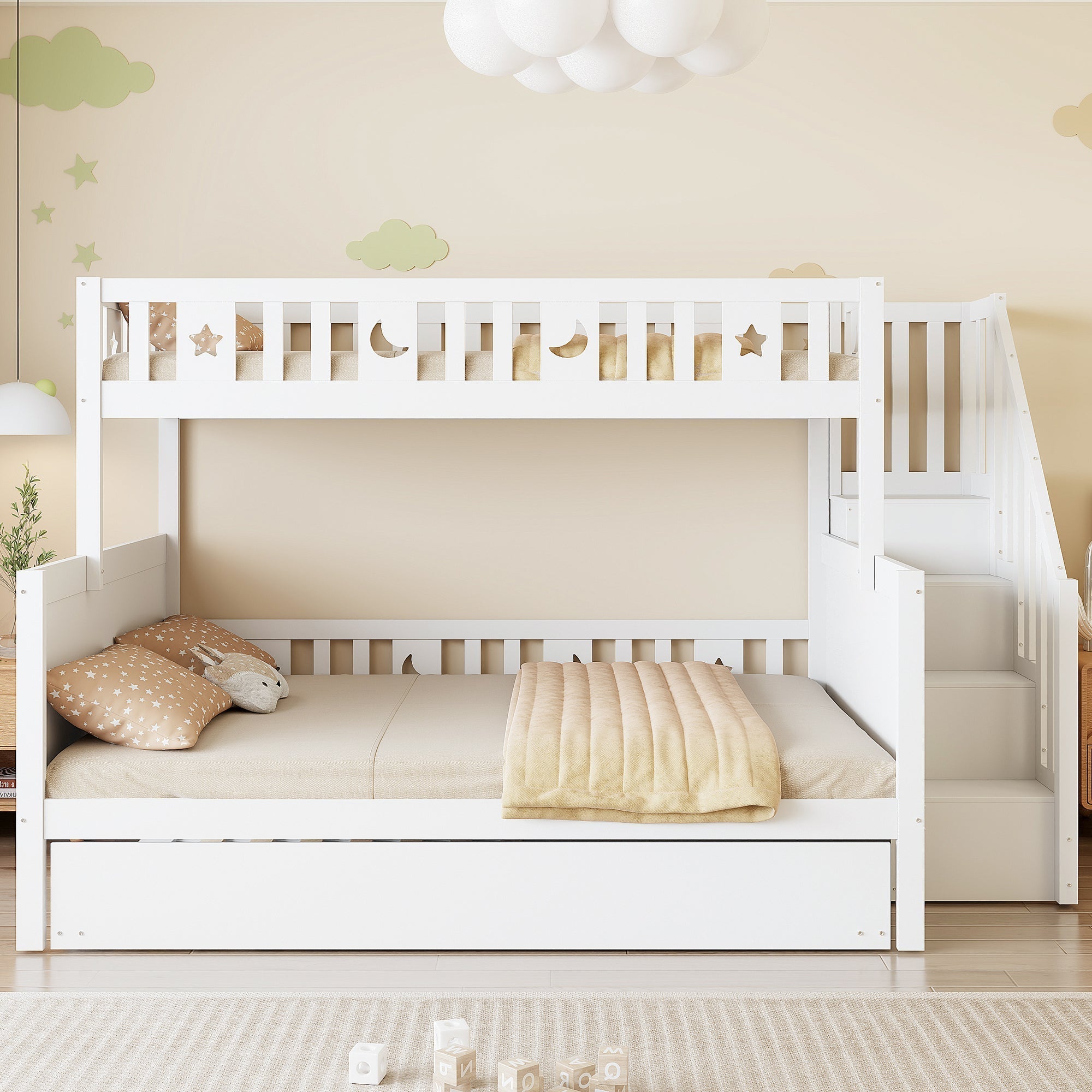 Children's Bunk Bed with Storage and Pull-out Bed, White