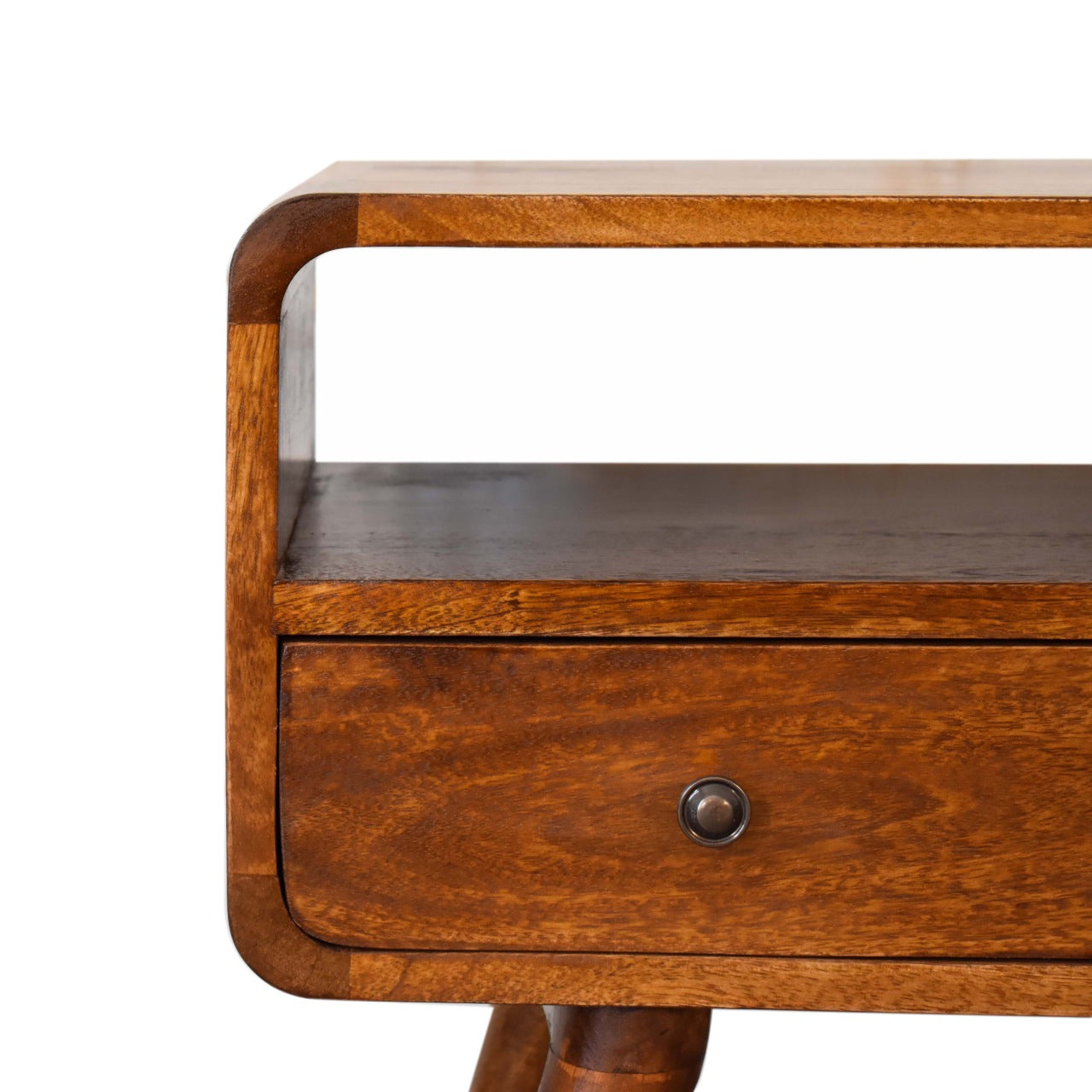 Solid Wood Mini Chestnut Curved Media Unit, 2 Drawers and Open Slot, Dark Brown