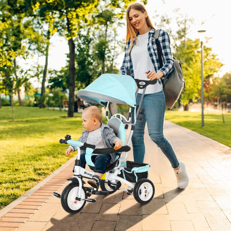 6-in-1 Tricycle with Push Bar, Sun Canopy, Safety Harness, Basket, Cup Holder, Green