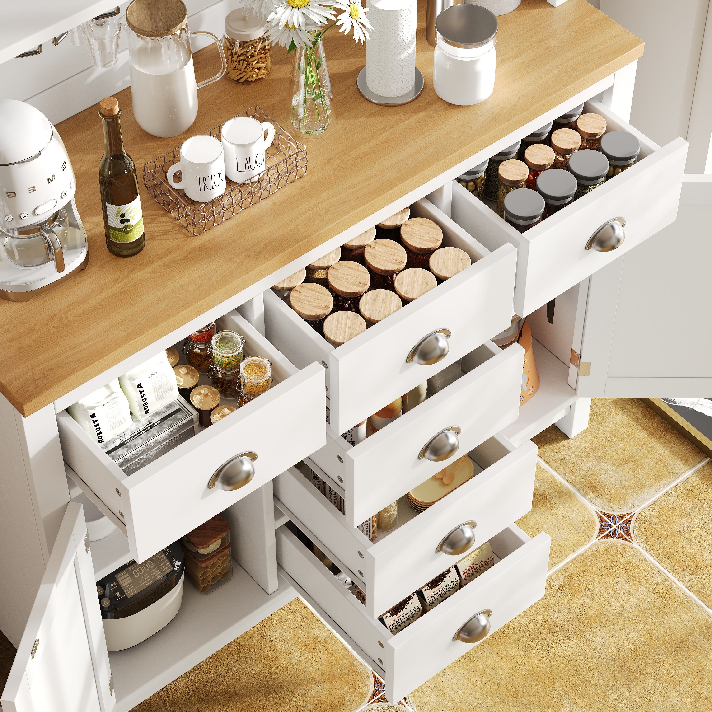 Sideboard Buffet Cabinet with 4 Doors and LED Light Strip, Green and White