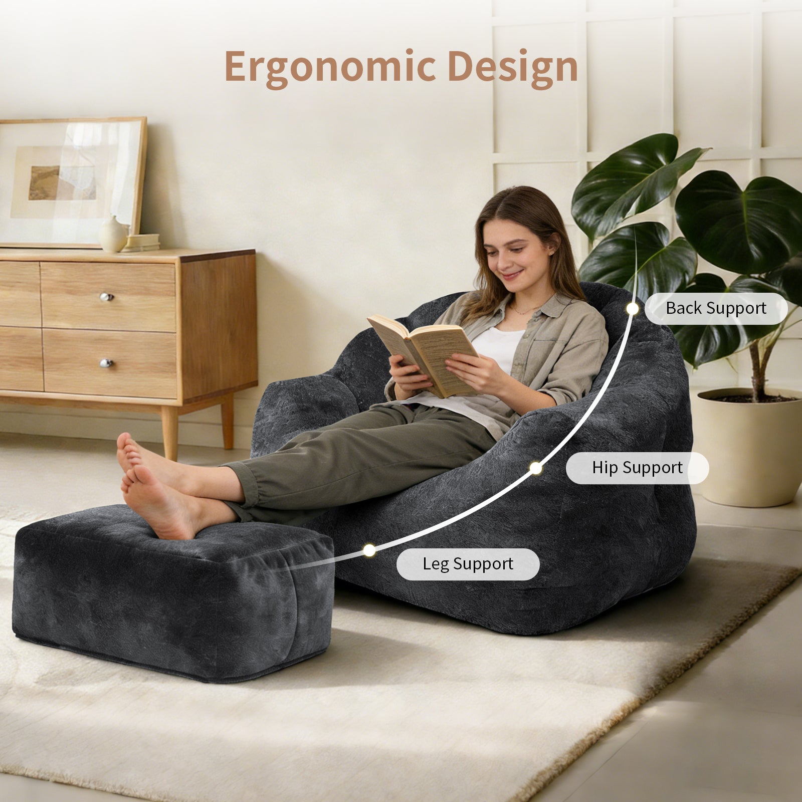 Bear Paw Single Sofa and Ottoman, Ergonomic Lazy Chair with High-Density Memory Foam, Beige Chenille