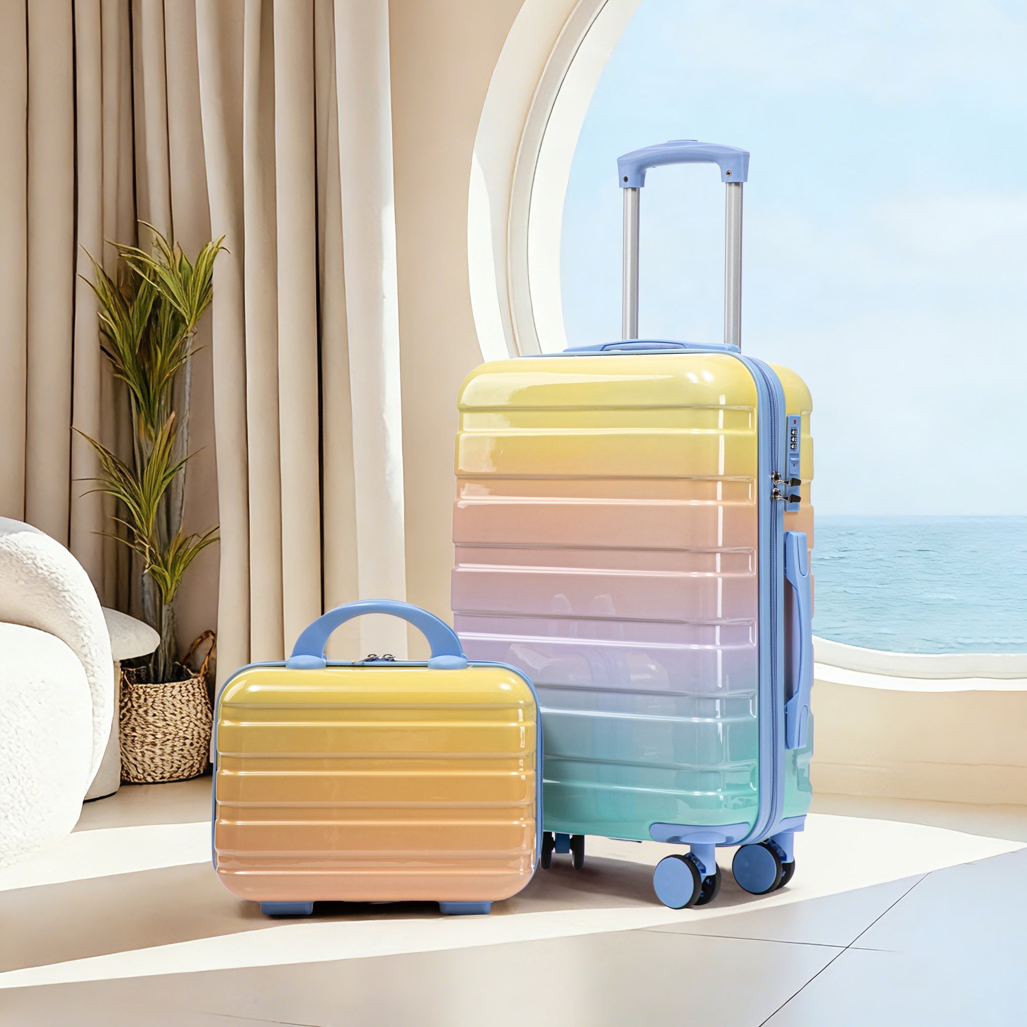 PC Spinner Luggage Set 14"/20" 2-Piece with Lock & Cosmetic Bag - Yellow