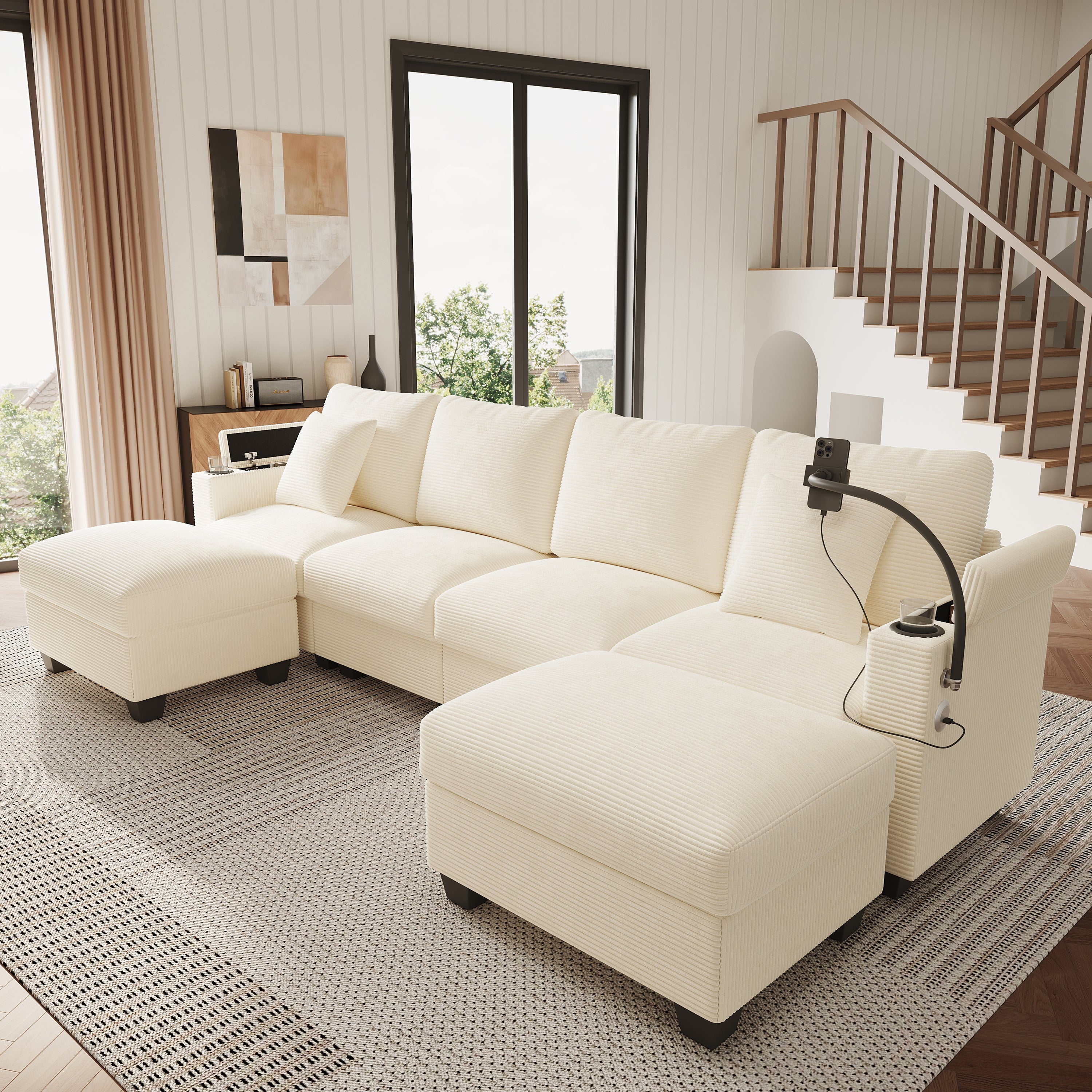 U-Shaped Modular Sofa with Sleeping Function, Phone Holder and USB Port, Beige Corduroy
