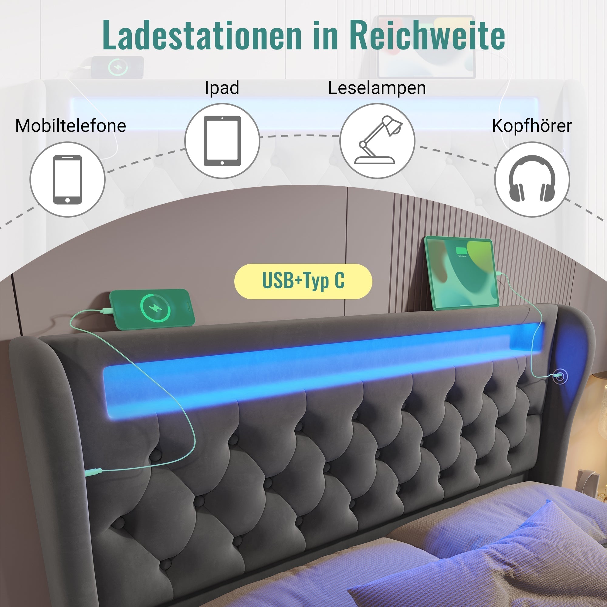 Modern Upholstered Double Bed 140x200cm LED Storage USB-C Hydraulic Grey Velvet