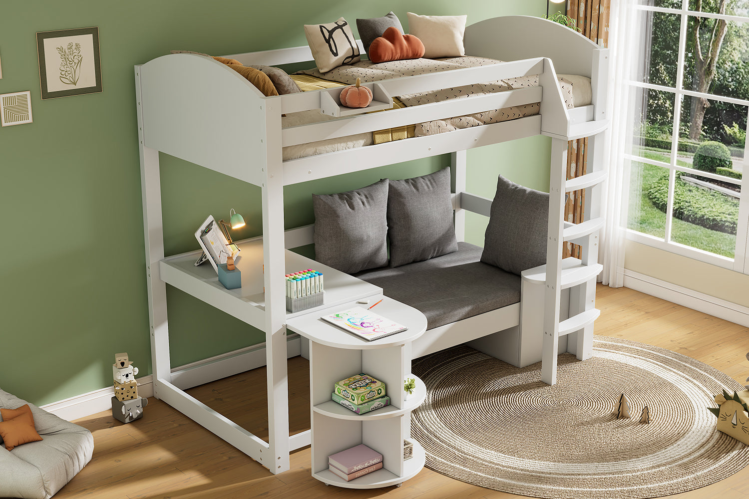 Multifunctional Children's Bunk Bed with Pull-out Table, Sofa with Storage and Three Cushions, 90x200cm, White Solid Wood
