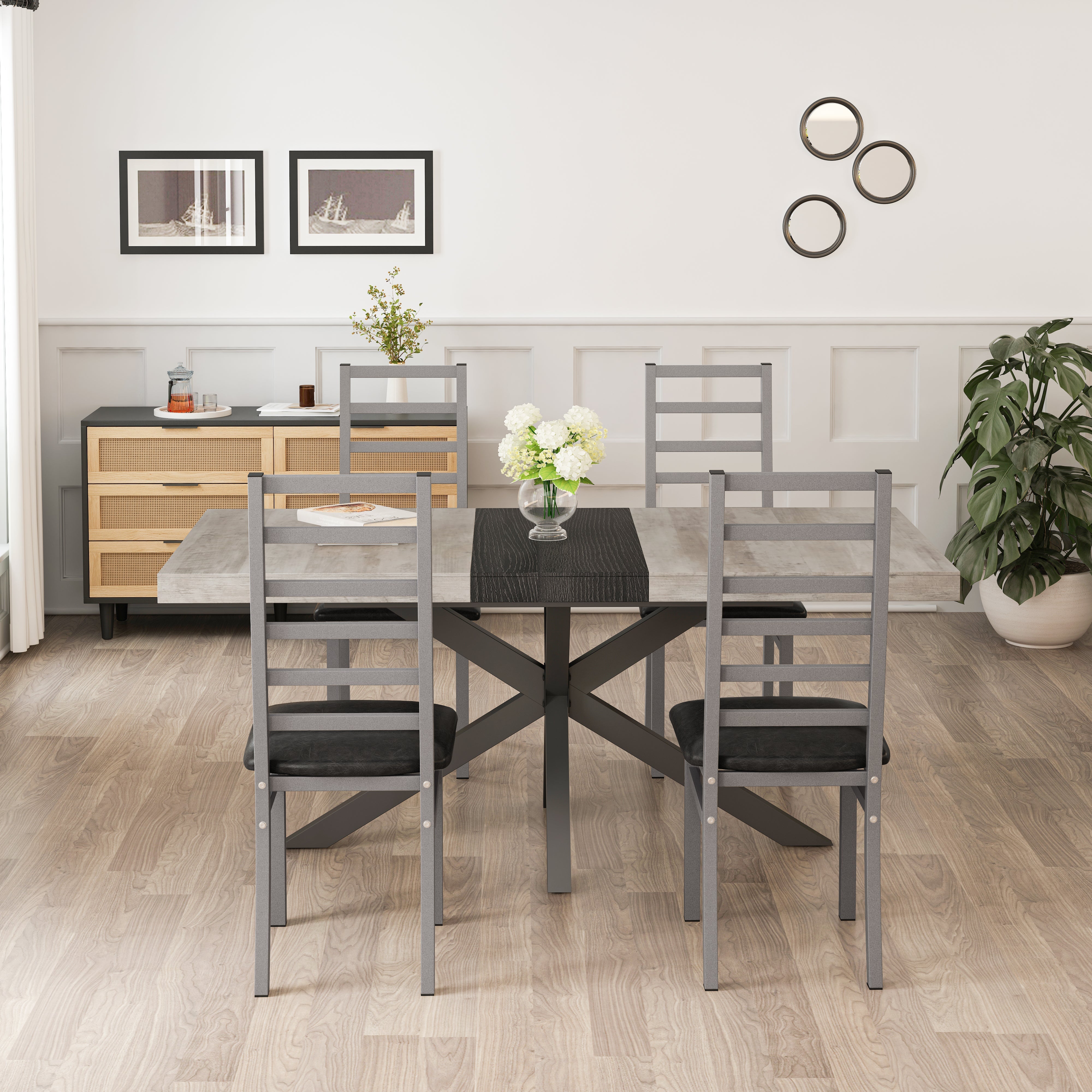 Dining Chairs - Set of 4, High Back Armless, Steel & PU Leather, Grey