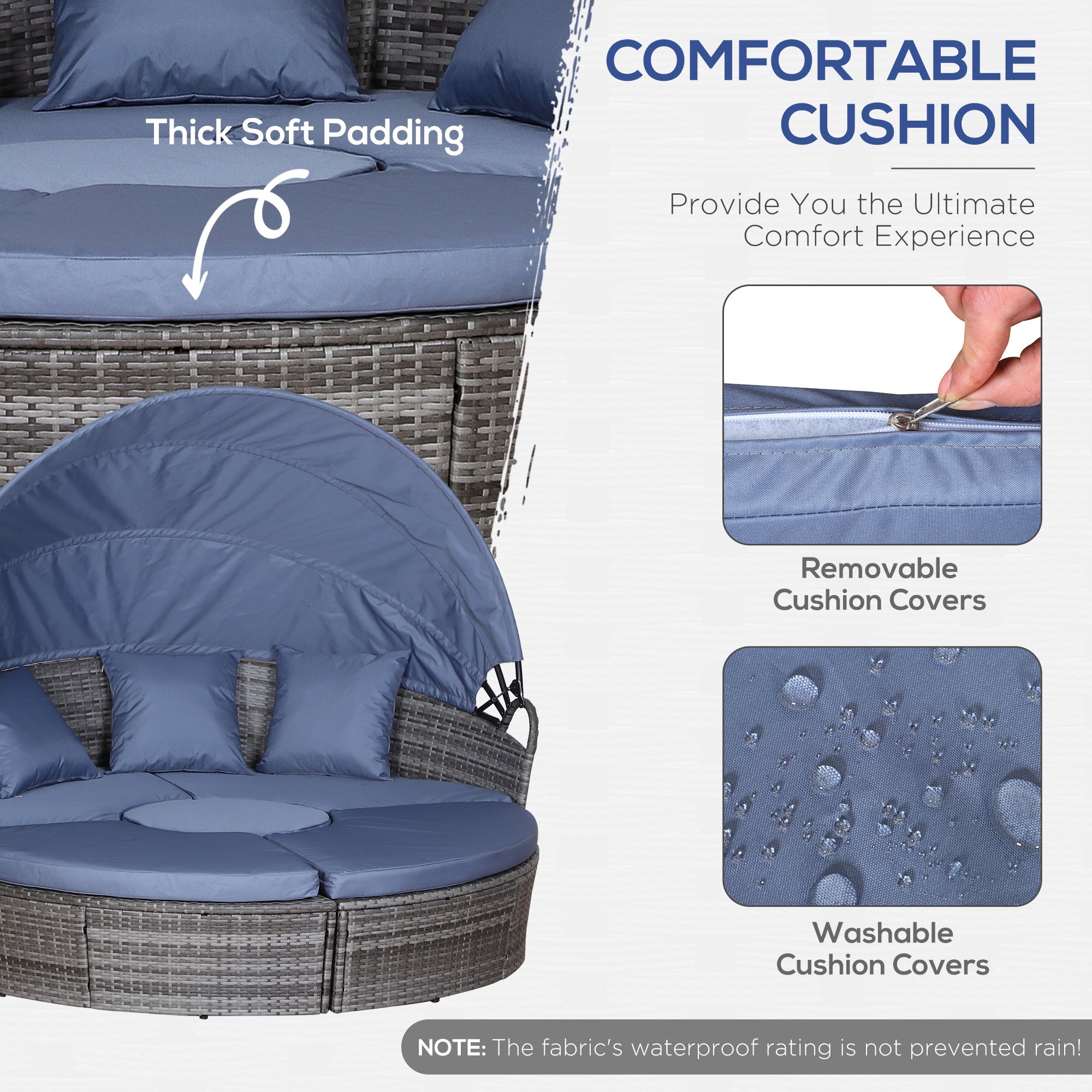 PE Rattan Lounge Set, 5-Piece Round Sofa Bed with Retractable Canopy, Grey