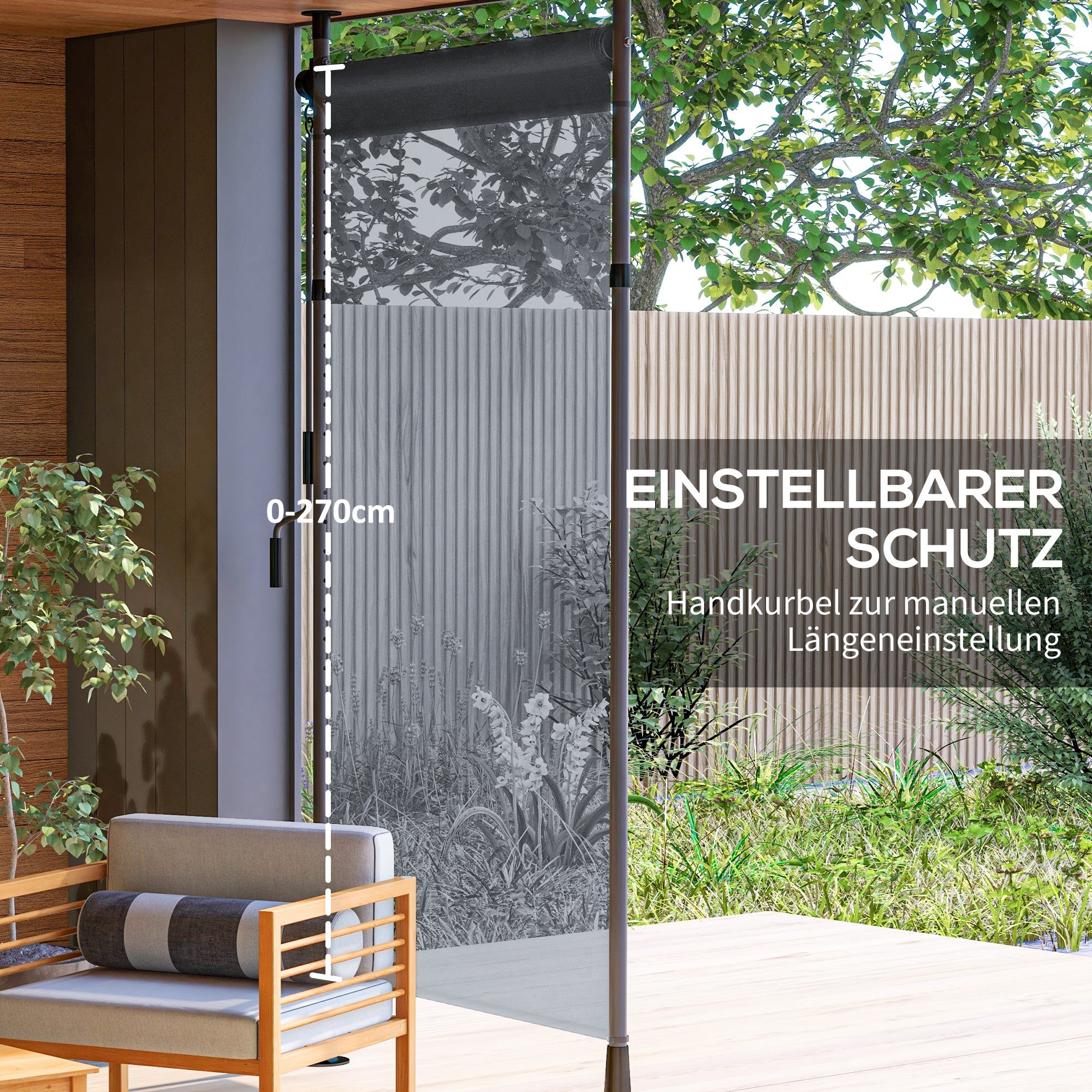 Vertical Awning/Balcony Blind 150 x 220-310cm Crank Weatherproof Polyester Dark Grey