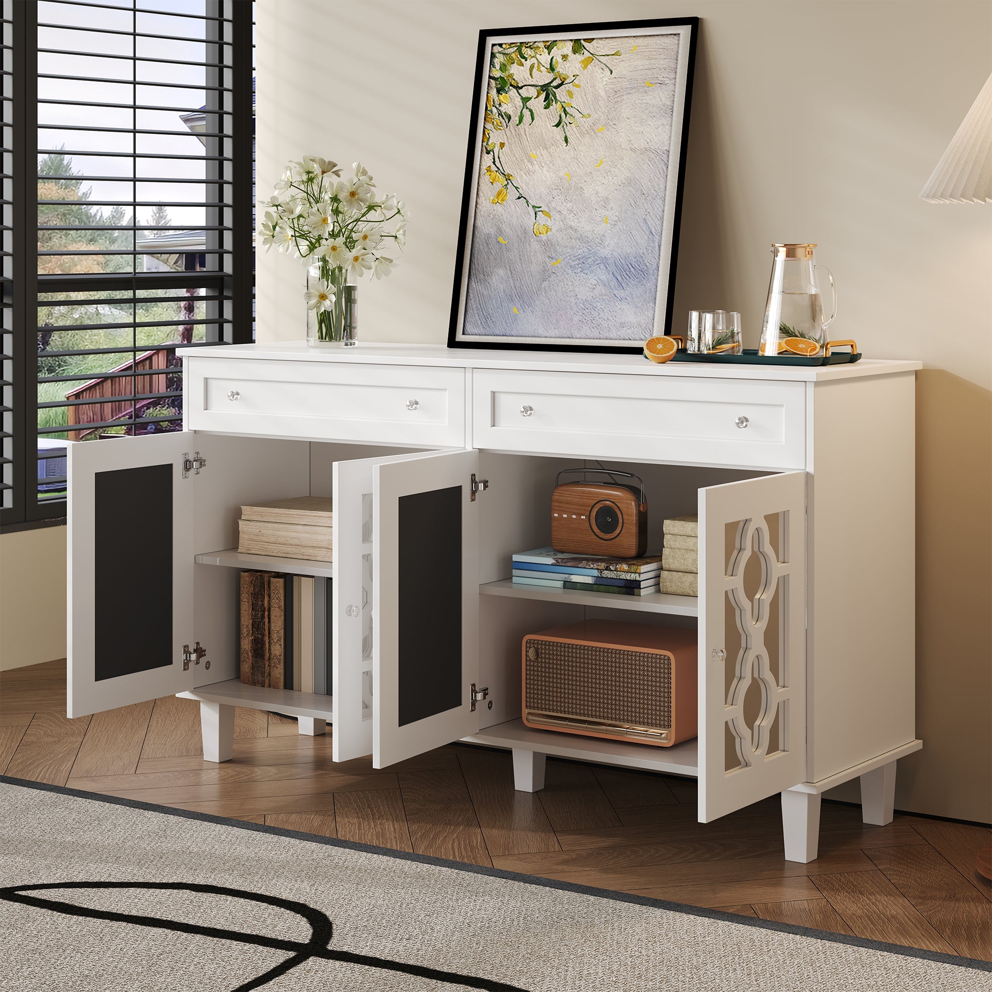 Sideboard Mirrored Doors Drawers Adjustable Shelves, Crystal Handles