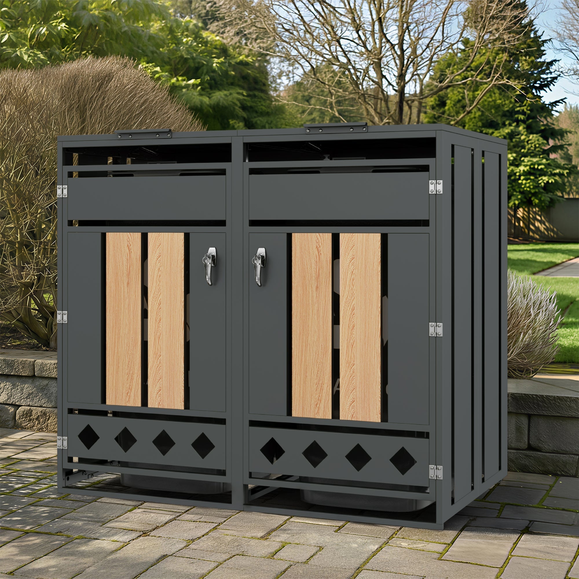 Bin Storage Box with Hinged Lid and Lockable Two Doors, Vertical Wood Grain