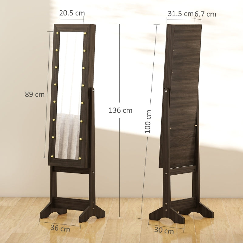 Freestanding Mirrored Jewellery Cabinet with LED Lights - Dark Brown