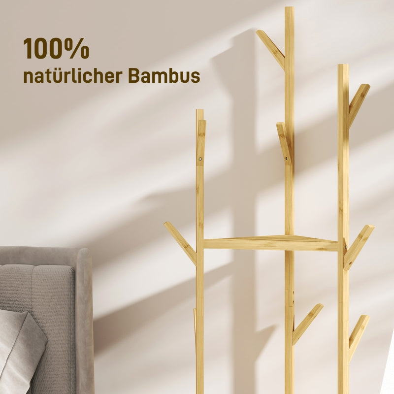 Garderobenständer, 8 Haken, 3 Ablagen, Bambus, Natur