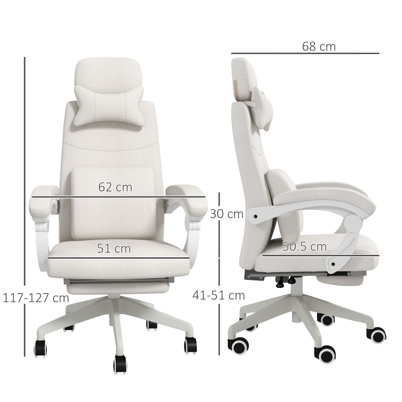 Linen-Look Office Chair 160° Reclining Back Footrest White
