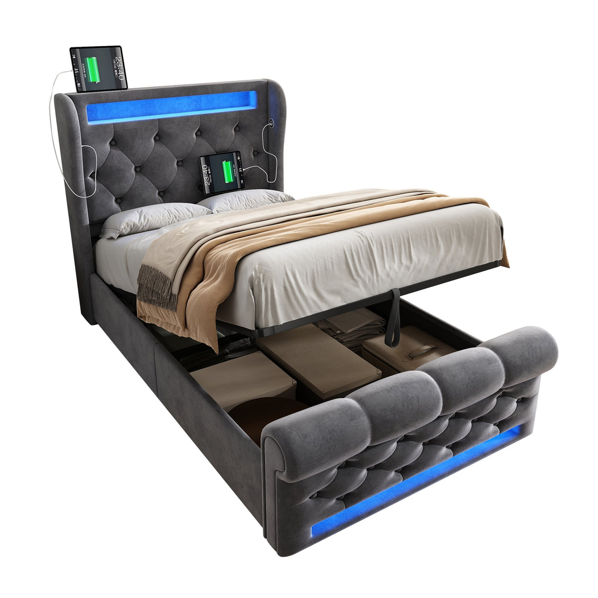 Upholstered Single Bed 90x200cm LED Headboard Hydraulic Storage, Grey Velvet