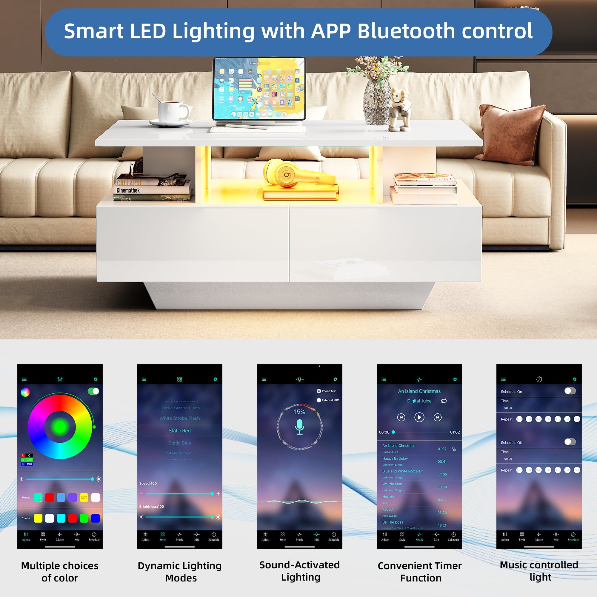 Modern high-gloss coffee table with LED lighting and 2 drawers 90x55x41 cm, 30 kg load capacity