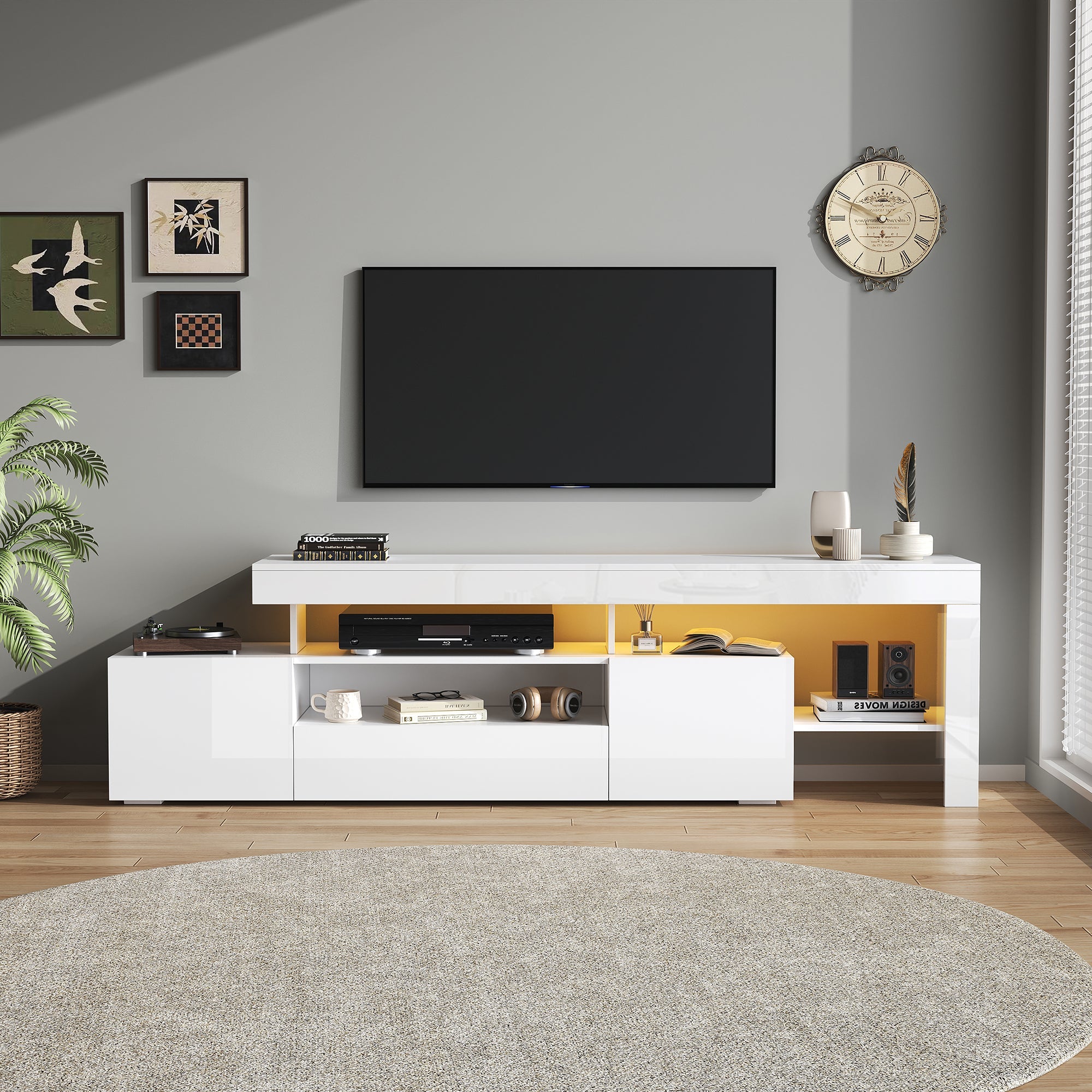 TV Cabinet, 192x37x53cm with 3 Cabinets, LED High-Gloss, White