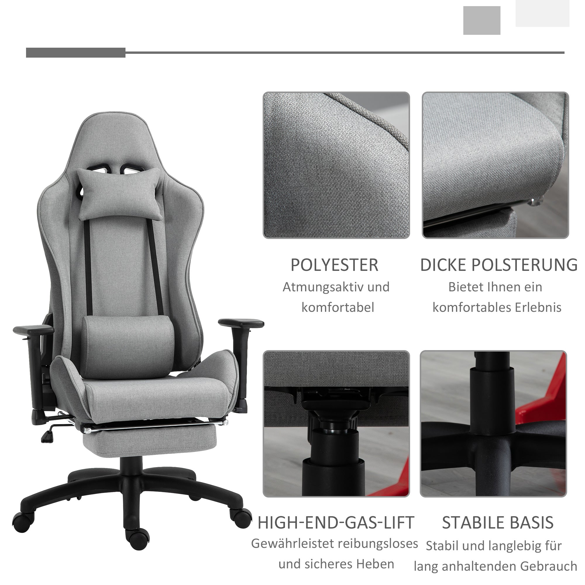 Vinsetto Office Chair, Adjustable Armrests, Lumbar Cushions, Rocker Function, Grey Fabric