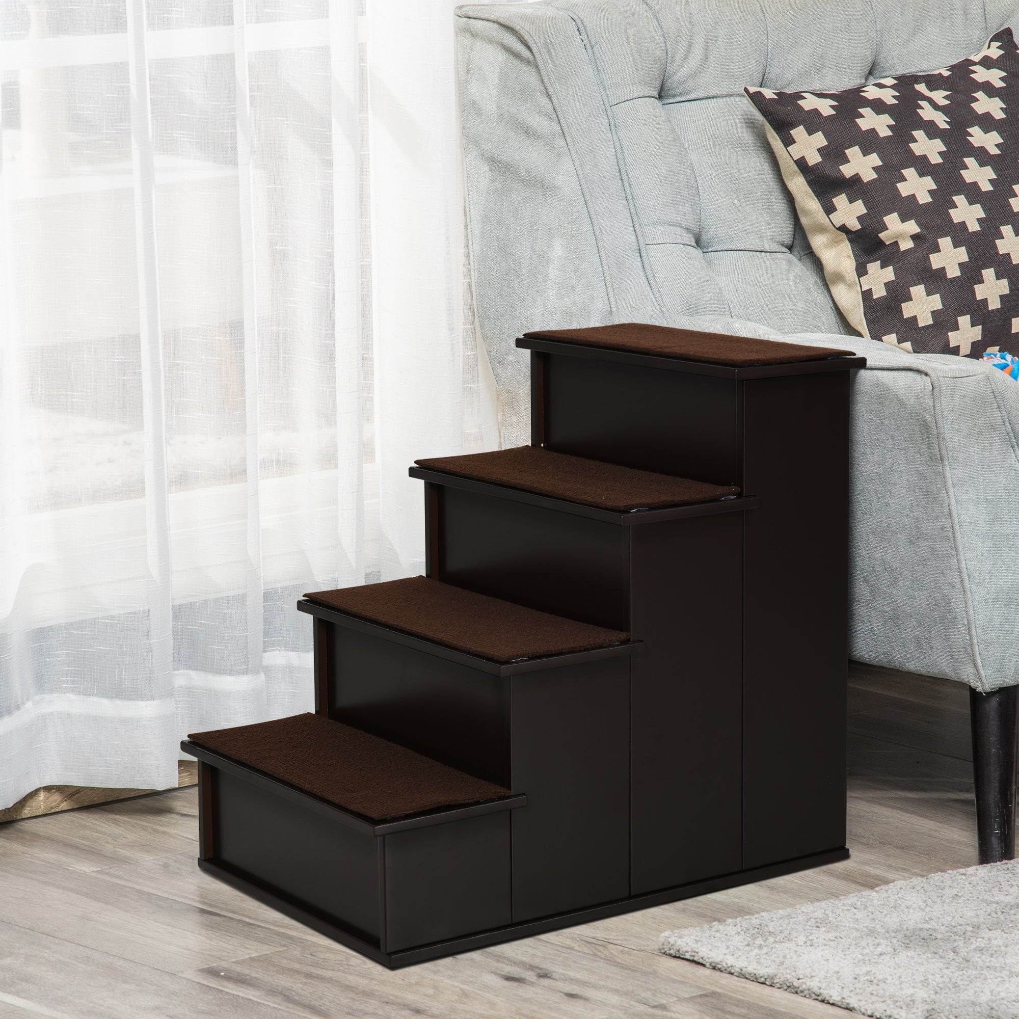 Pet Stairs, Dog/Cat Entry Aid, Carpeted MDF, Dark Brown