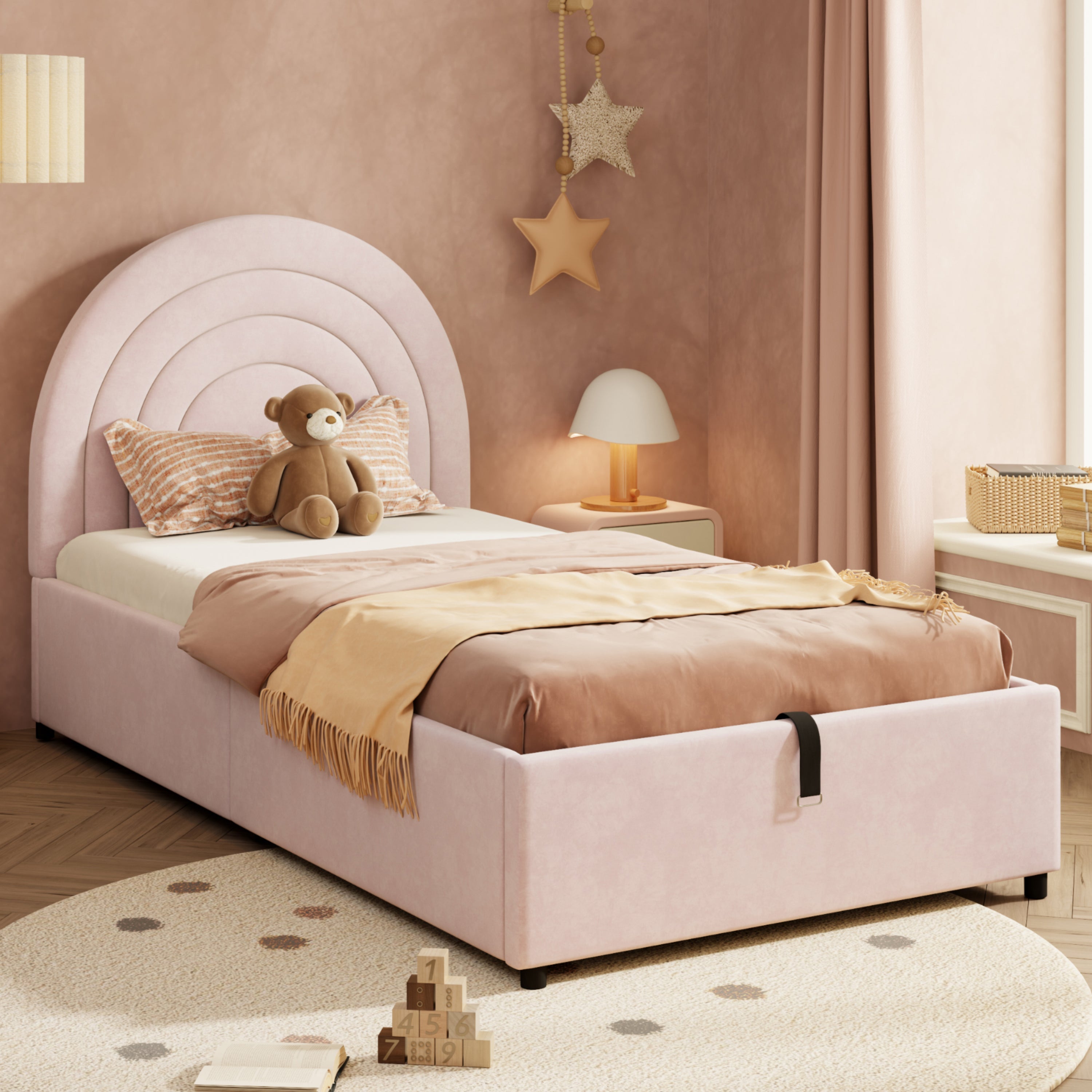 Upholstered Single Bed 90x200 with Slatted Base and Headboard, Pink Velvet