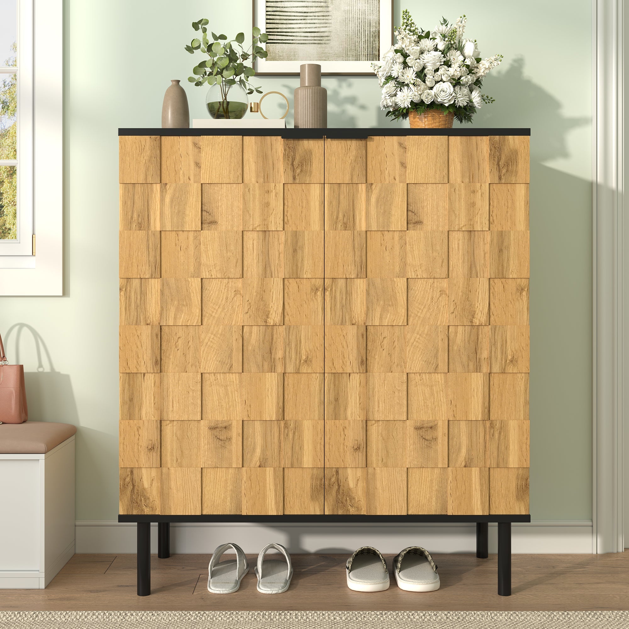 Mosaic Shoe Cabinet with 2 Doors and Adjustable Compartments, Wood Look Chipboard
