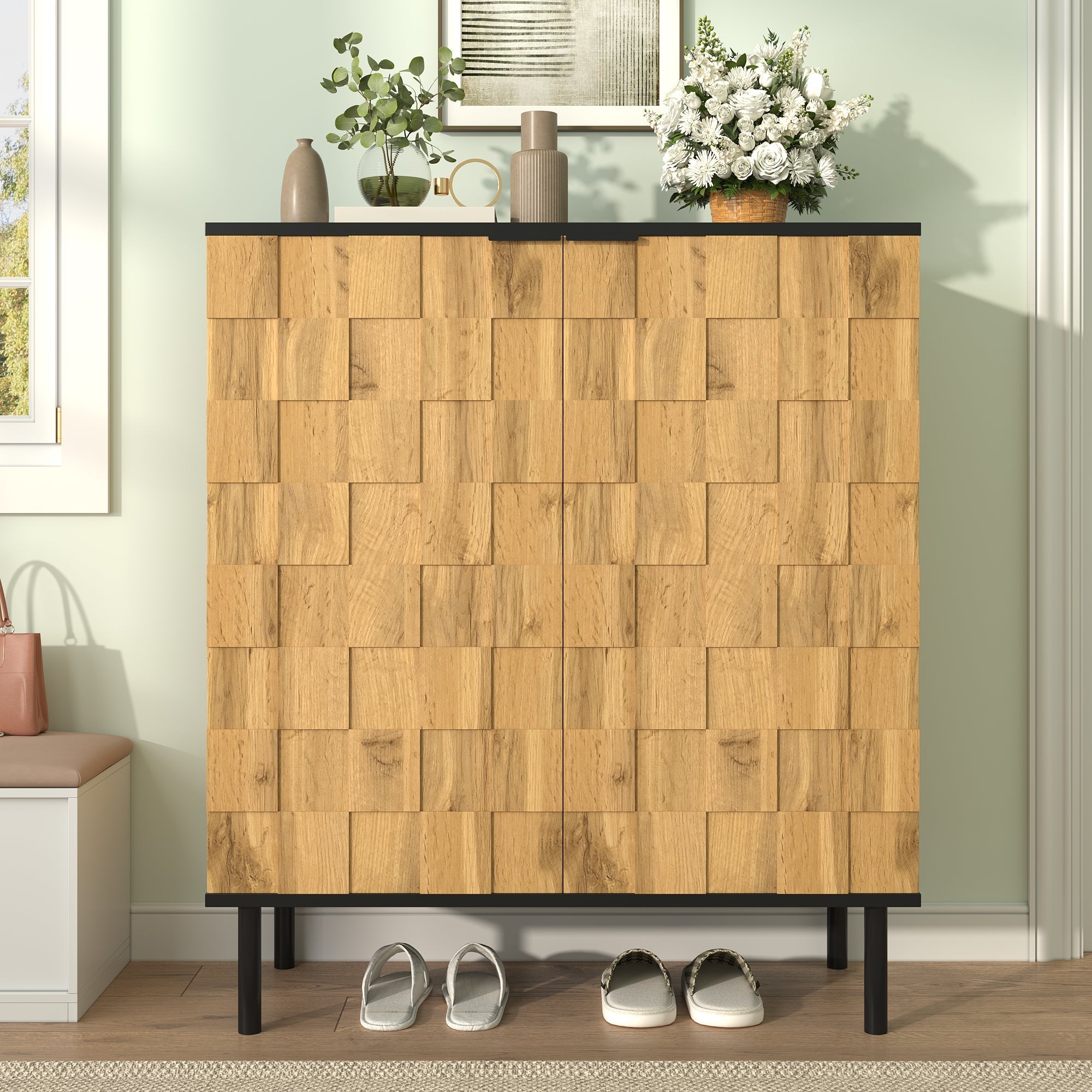 Mosaic Shoe Cabinet with 2 Doors and Adjustable Compartments, Wood Look Chipboard