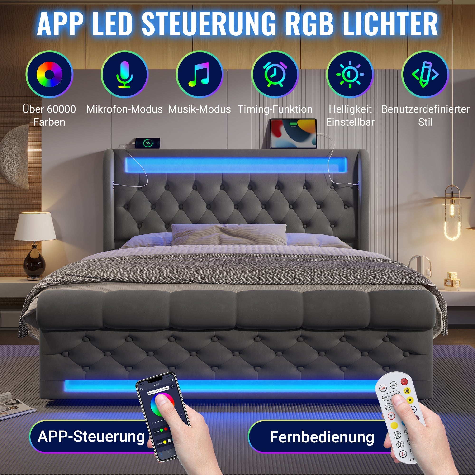 Modern Upholstered Double Bed with LED, Storage Headboard and USB, 140x190cm, Grey Velvet