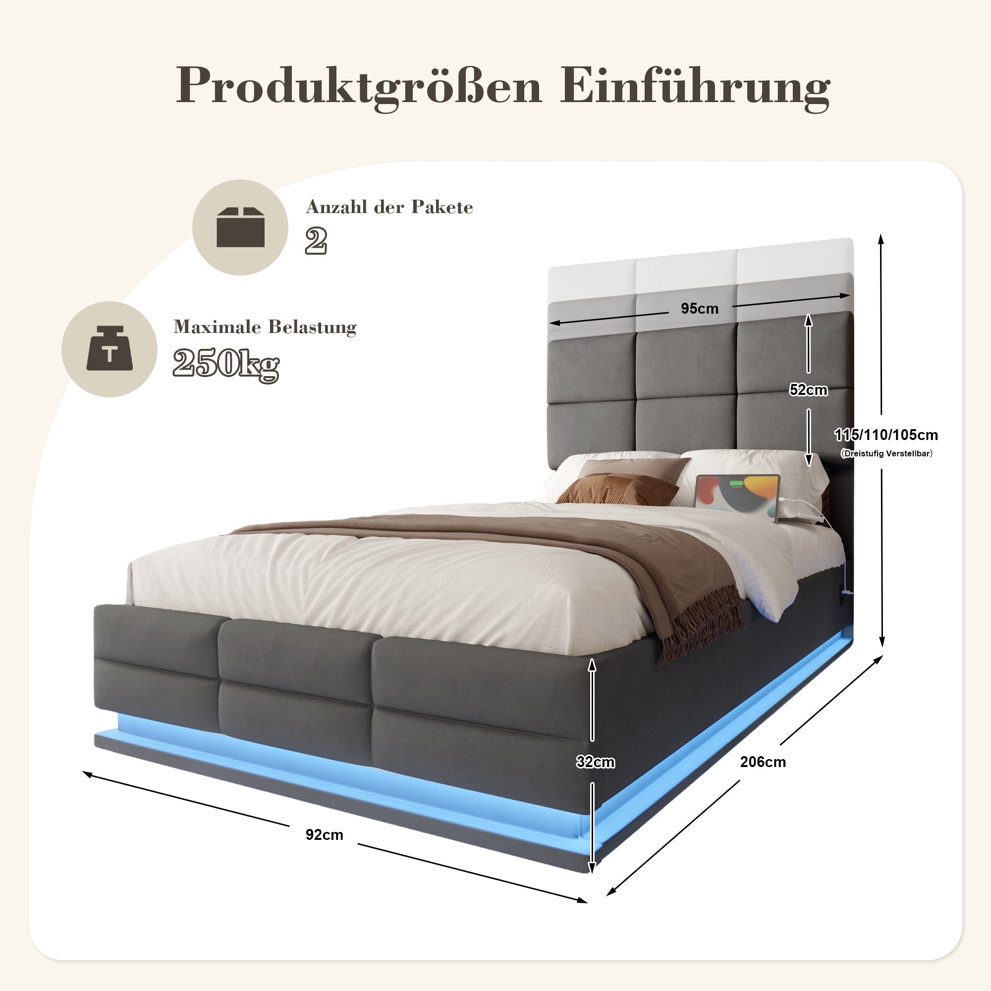 Modern Upholstered Bed 90x200cm, Adjustable Headboard, USB/LED, Hydraulic Storage - Gray Velour