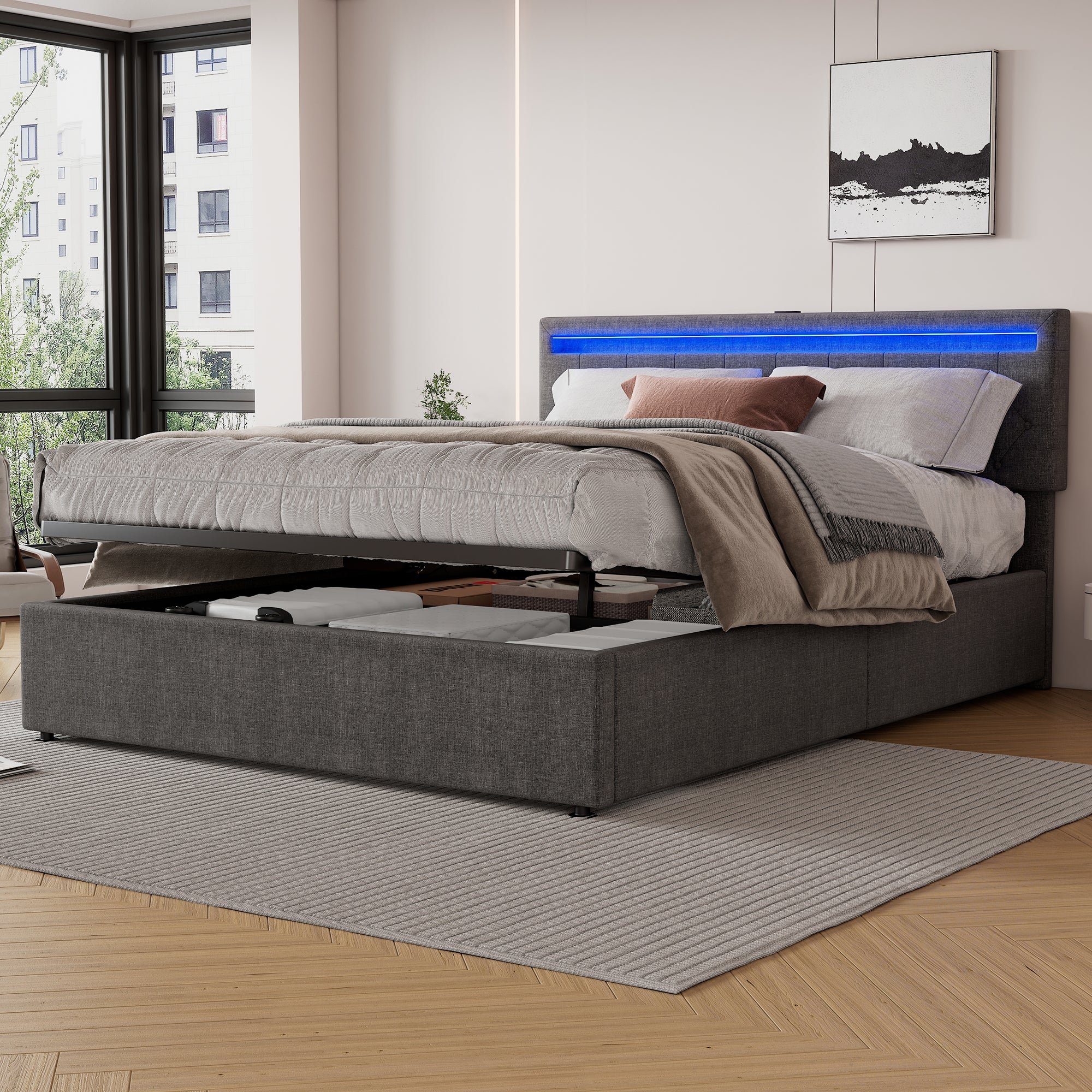 Upholstered Bed 160x200cm Adjustable Height LED Storage USB/Type-C - Grey