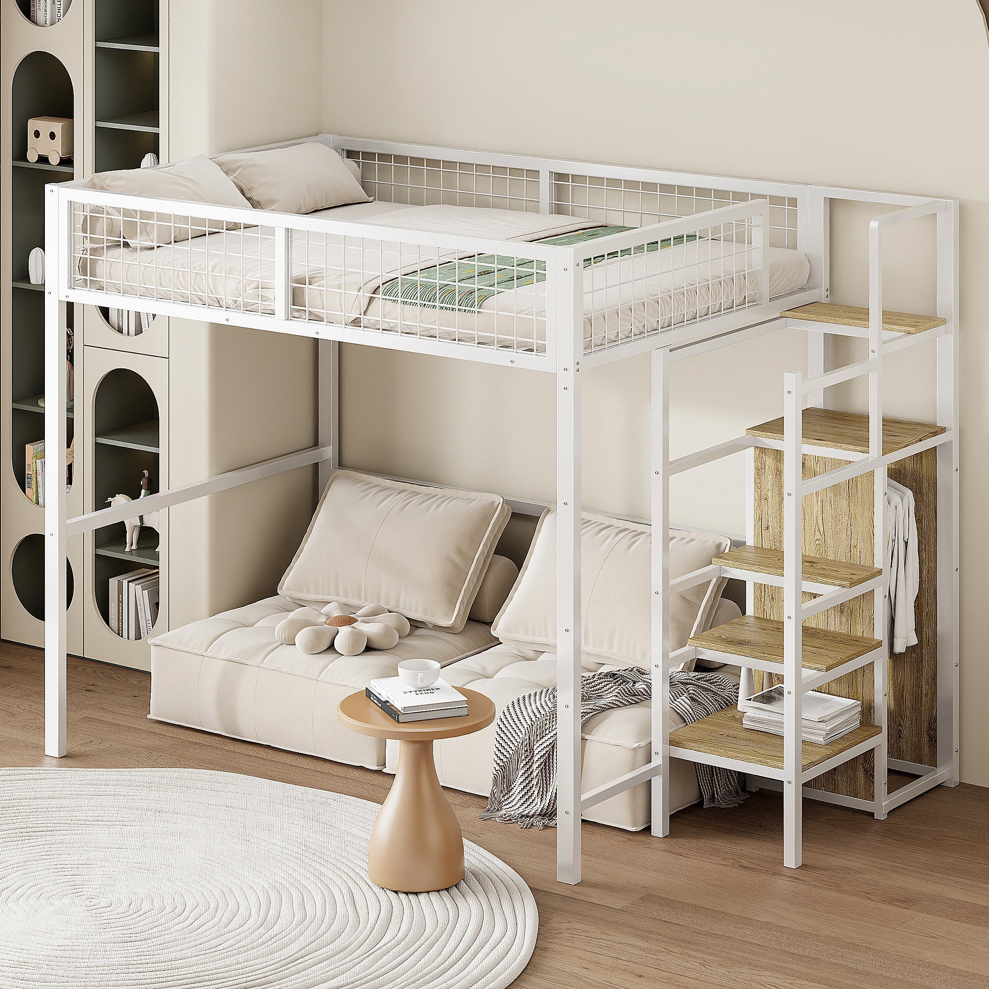 Loft Bed with Integrated Wardrobe and Safety Ladder, Black and White MDF and Metal