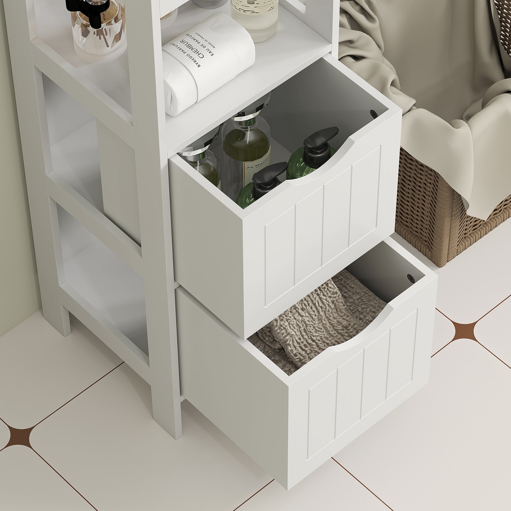 Schlanker Badezimmerschrank, Hochschrank mit 2 Schubladen, 3 offenen Fächern, Weiß