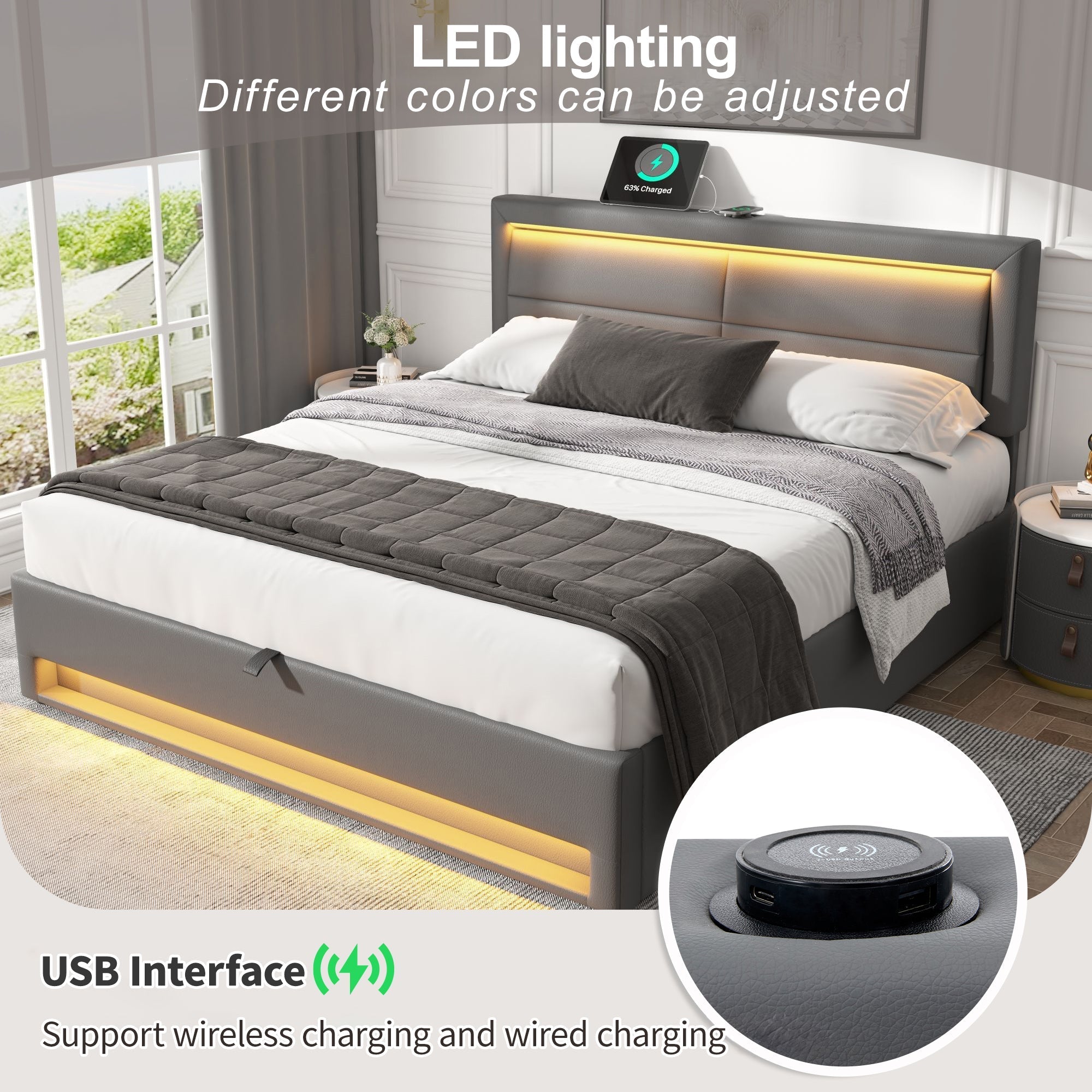Upholstered Bed, 150x200cm King Size, with USB Ports, LED Lighting, Storage, Grey PU