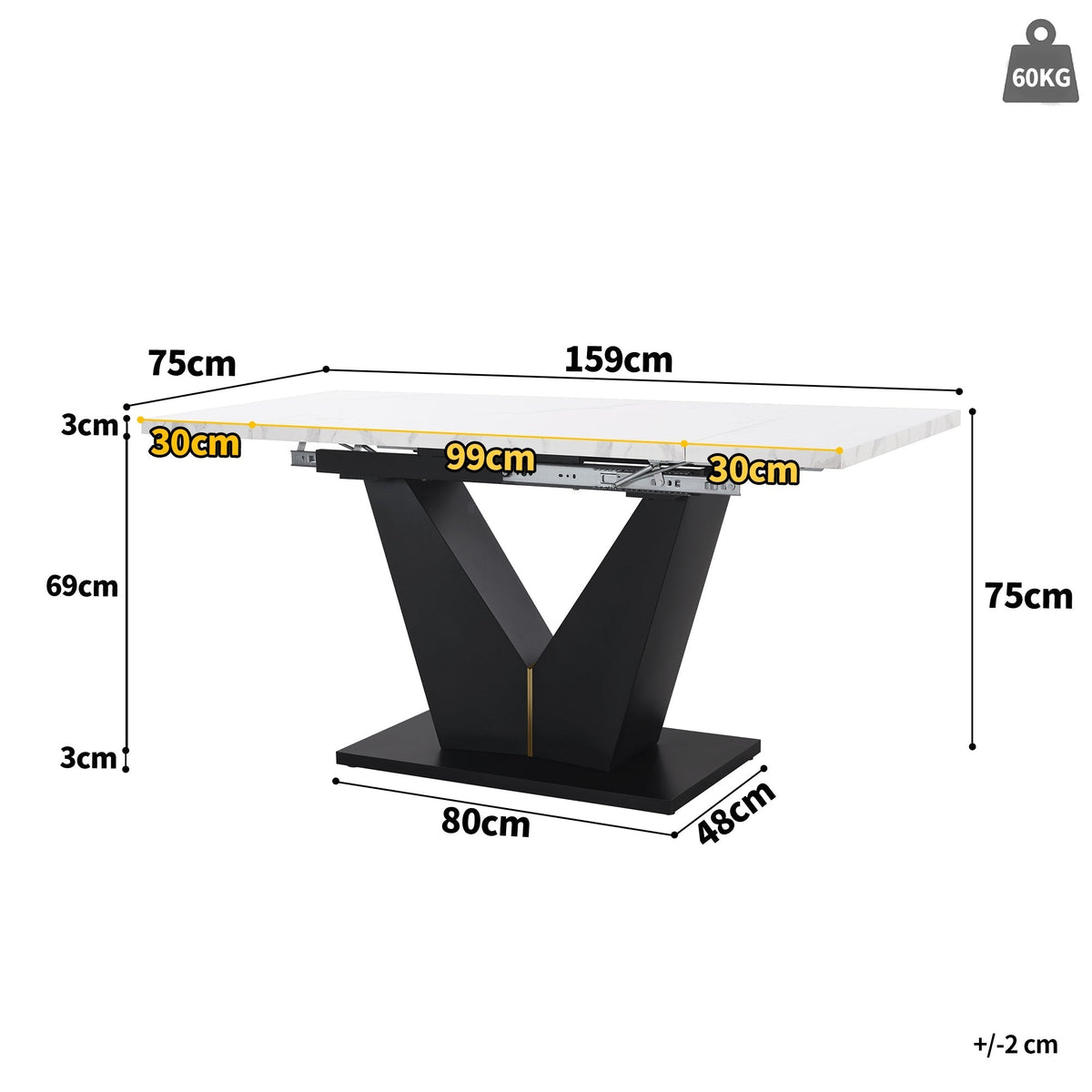 Telescopic Dining Table Extendable 99-159x75cm Space-Saving White V-Shaped Top