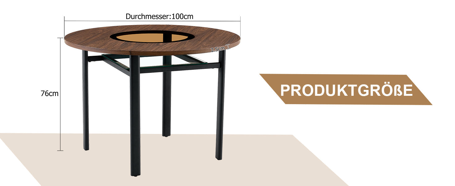 Round Table 100cm Modern Minimalist 2-4 Seater Glass Top Brown Wood Pattern