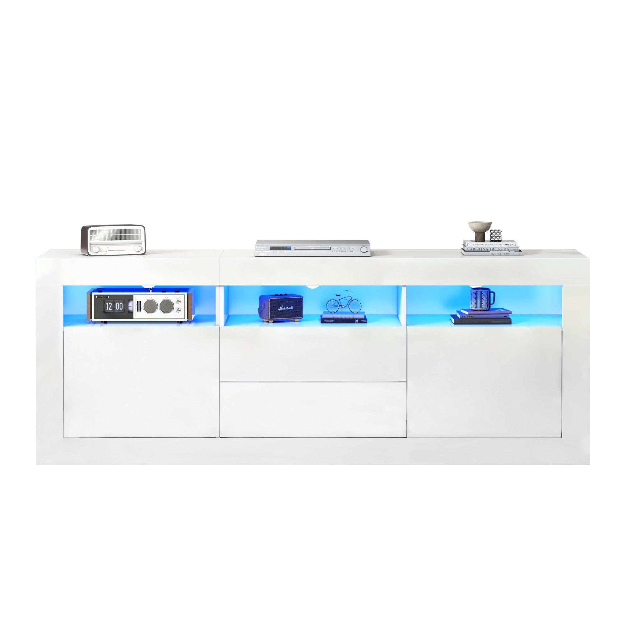 TV Cabinet, 160x35x60cm LED Lit, 3 Open, 2 Doors, 2 Drawers, Smart App Control, High Gloss