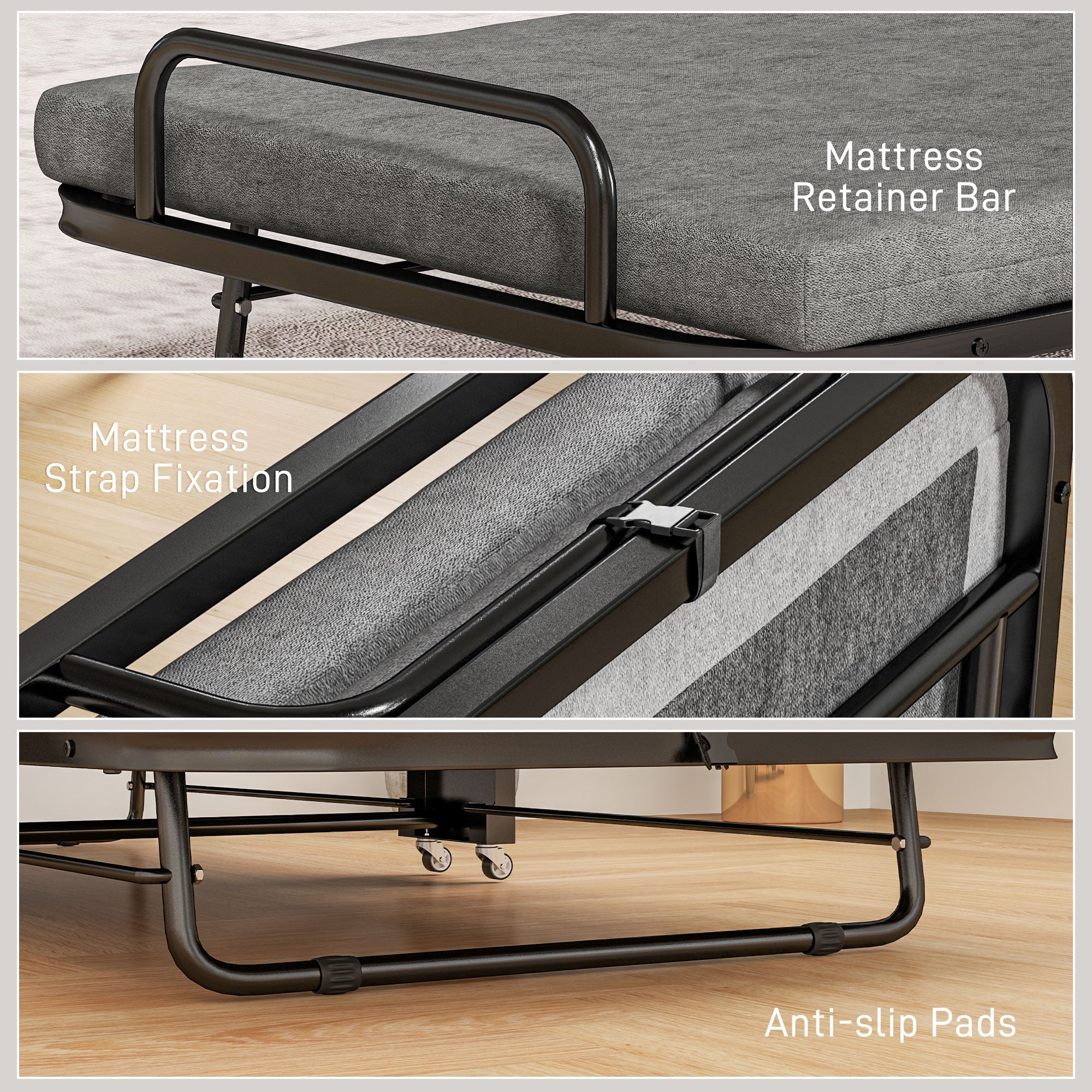 Single Folding Bed with 5-Position Adjustable Back and Wheels, Grey