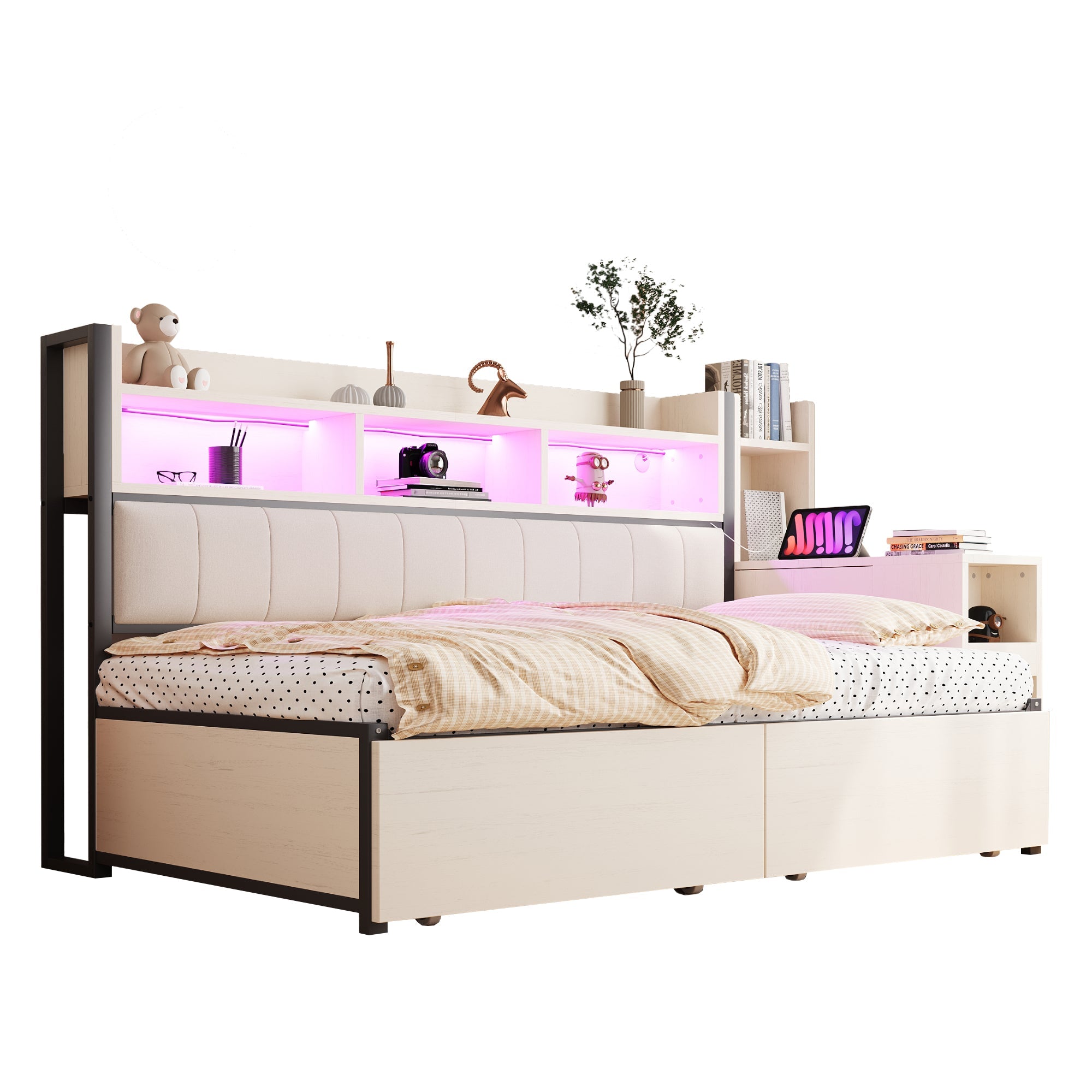 Iron Sofa Bed 90x200cm Storage Drawers Desk LED White